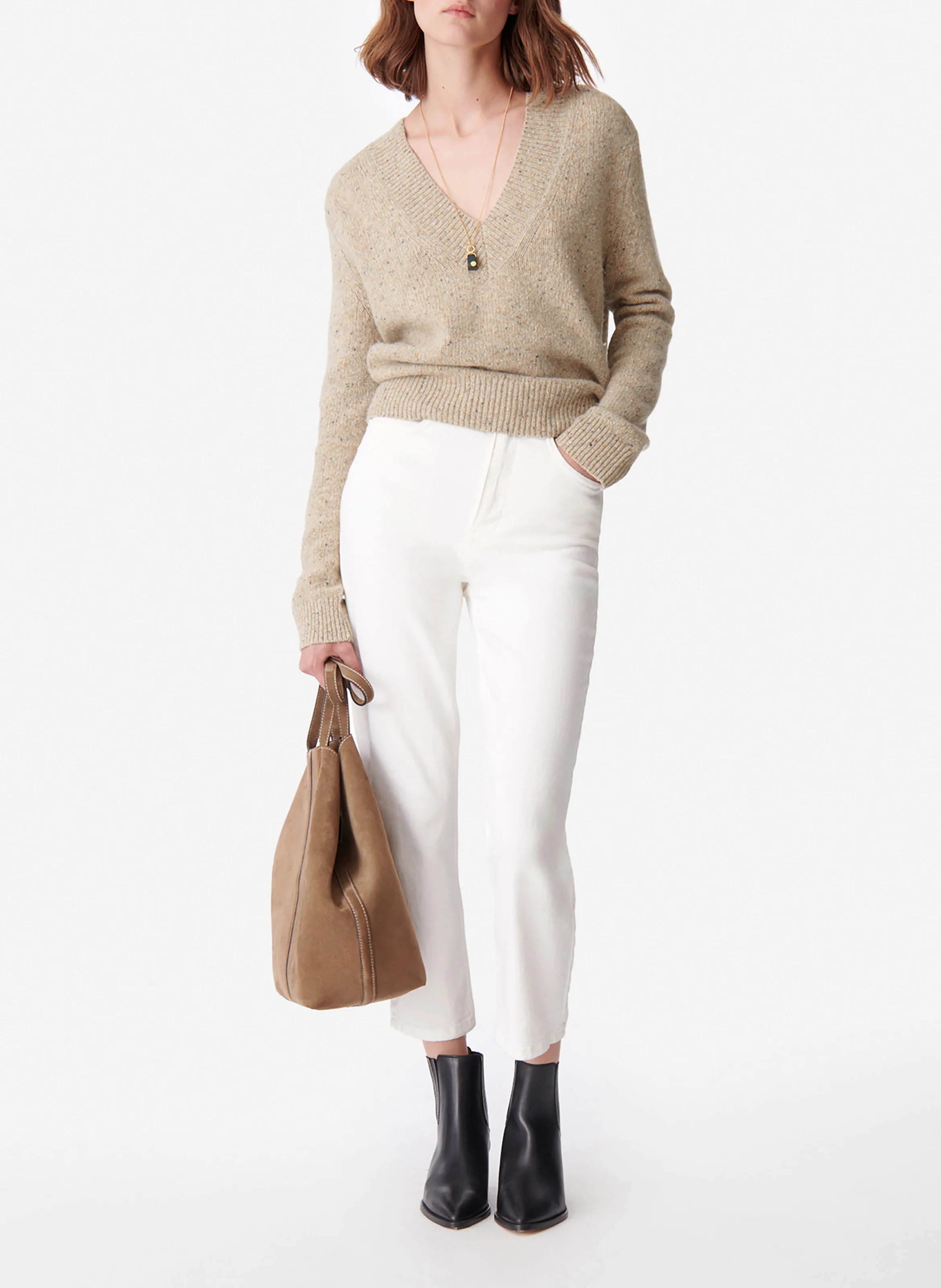 DAMITA - Pull col V droit en laine mélangée | Beige