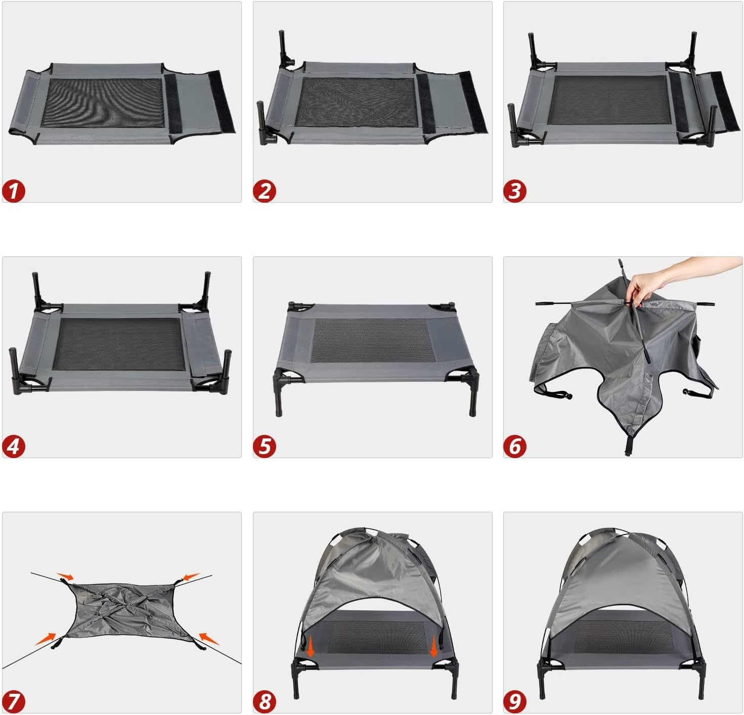 (92x76cm) Erhöhtes Hundebett Outdoor Camping Zelt Hundeliege Kühlendes Haustierbett mit Dach - Grau