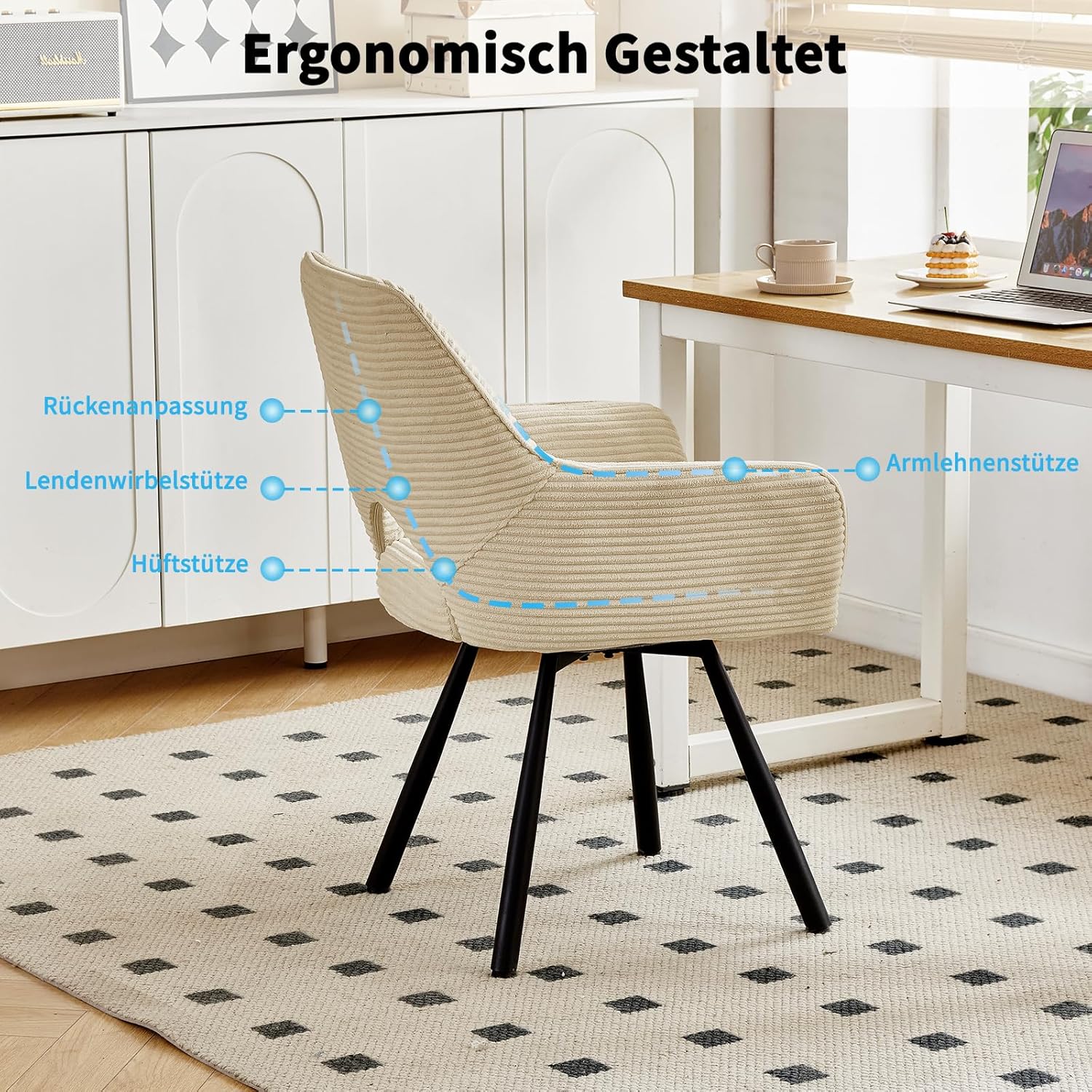 2er Set Esszimmerstuhl Drehbar mit Armlehne, Drehbar 360°, Küchenstuhl, Moderner Polsterstuhl mit Stoffrückenlehne für Küche, Esszimmer, Schlafzimmer, Beige