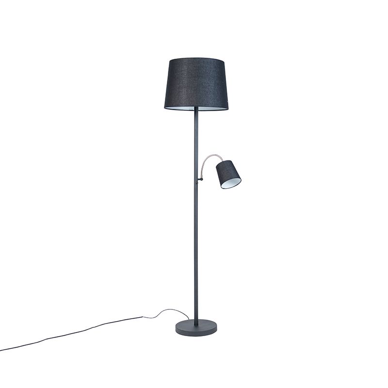 Klassieke vloerlamp zwart met zwarte kap en leeslampje - Retro