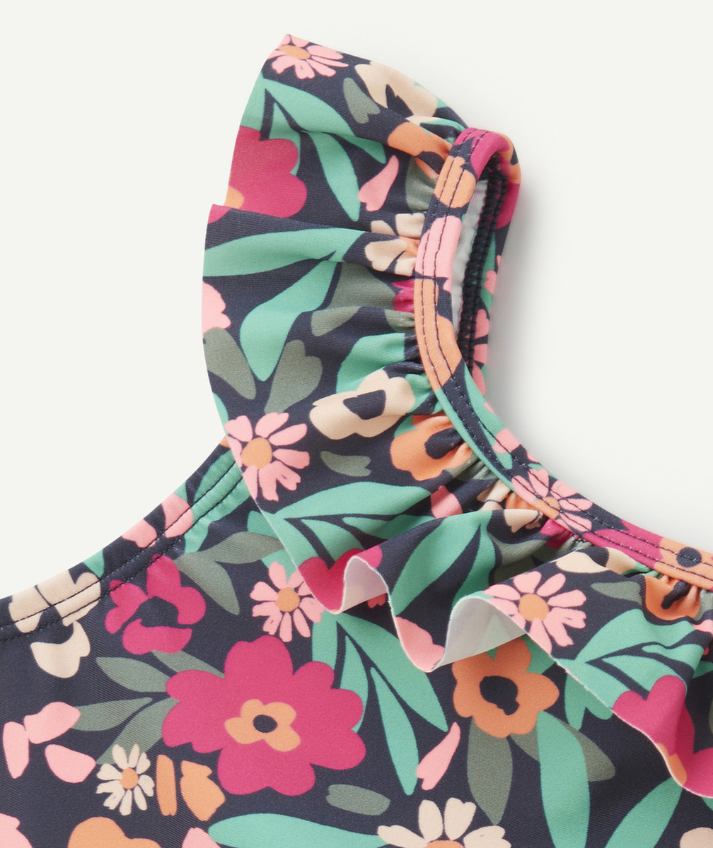 MAILLOT DE BAIN 1 PIÈCE FILLE EN FIBRES RECYCLÉES BLEU IMPRIMÉ FLEURS