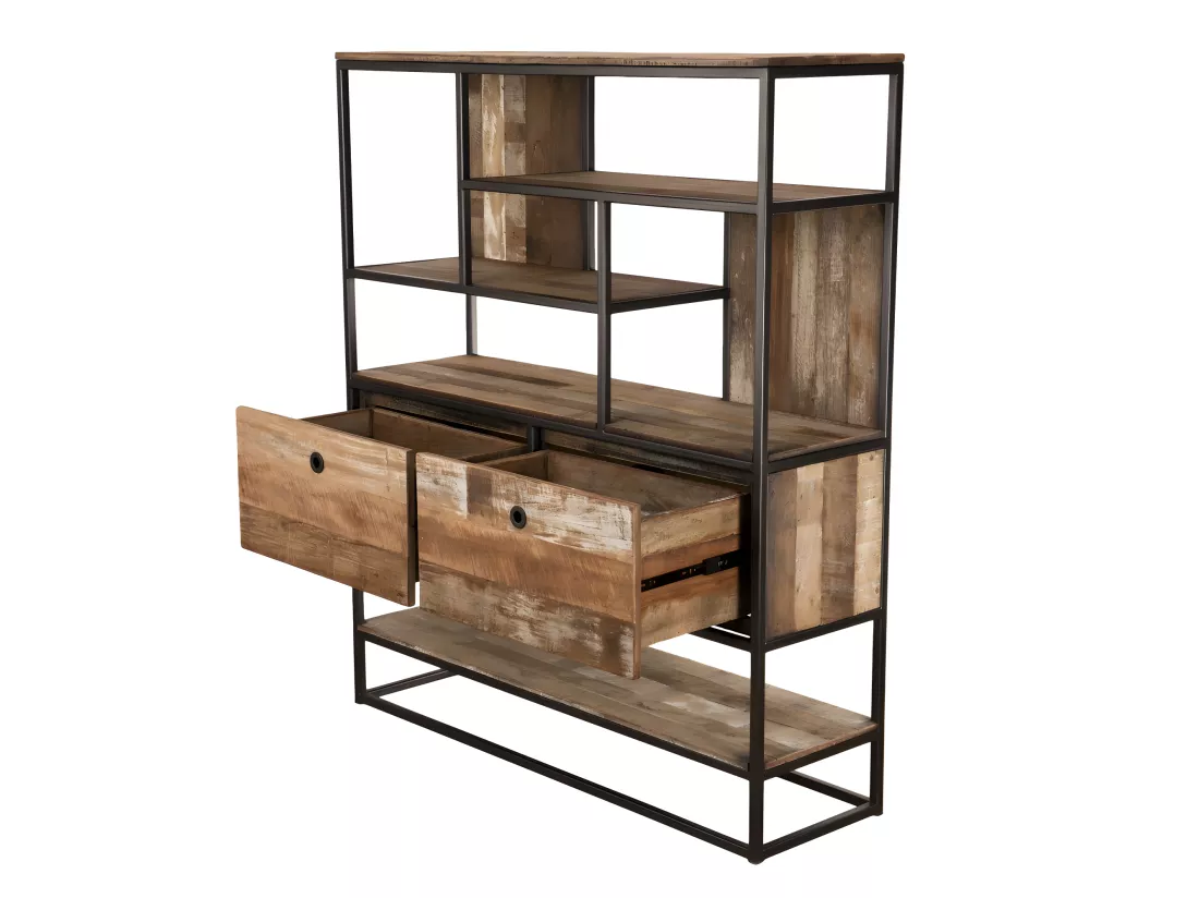 ALIDA - Étagère marron 2 tiroirs et 7 niches Teck recyclé Acacia Mahogany recyclé et métal noir