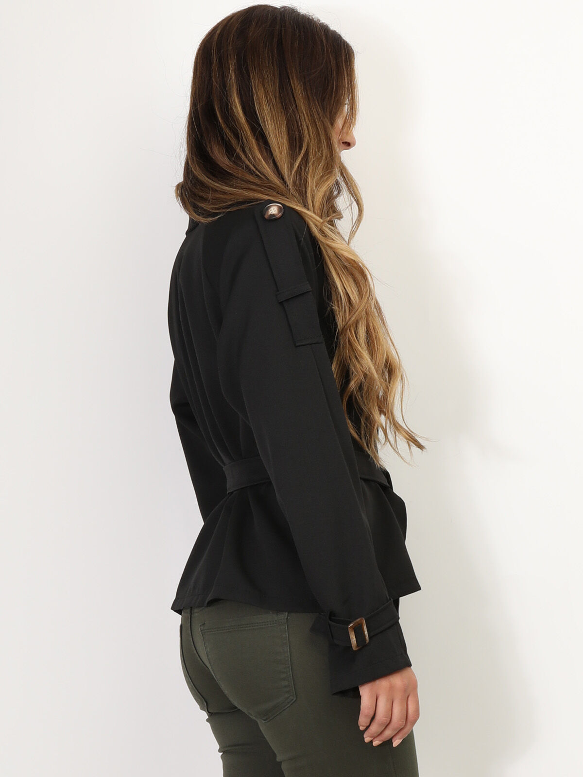Trench-coat court à ceinture- Noir