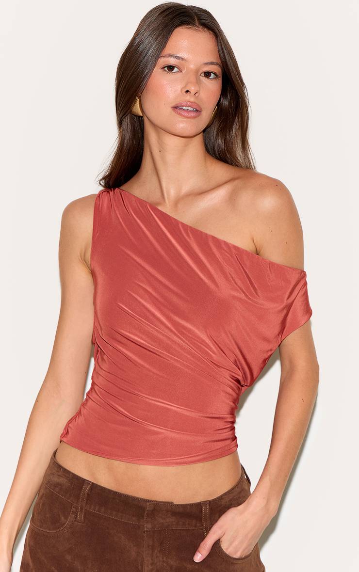 Rouille Haut Long À Col Bénitier Avec Manches Torsadées En Tissu Slinky Double Épaisseur