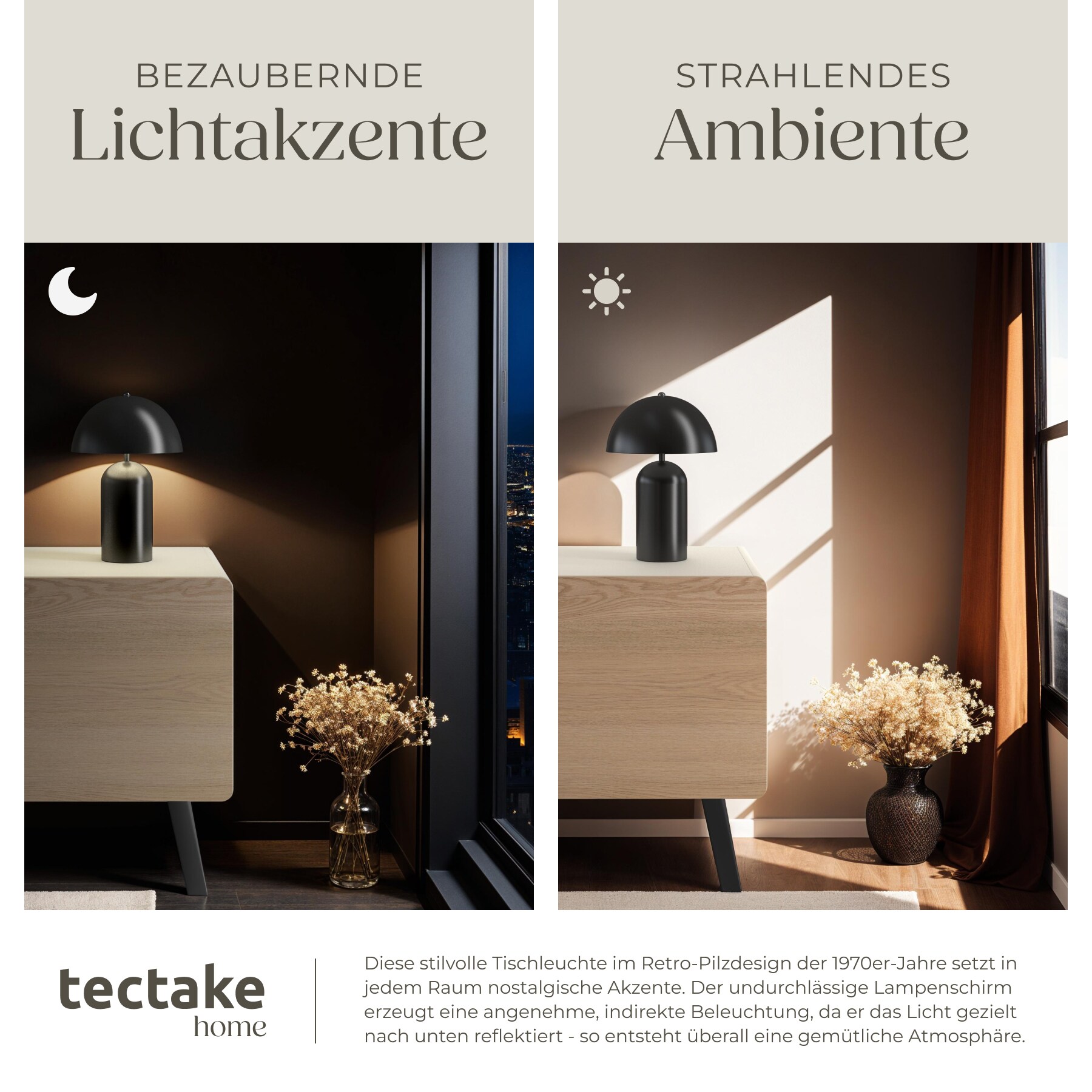 tectake® Retro-Tischlampe, Pilzdesign im 70er Jahre Stil, indirektes Licht, Kippschalter am Kabel, 25 x 37 cm