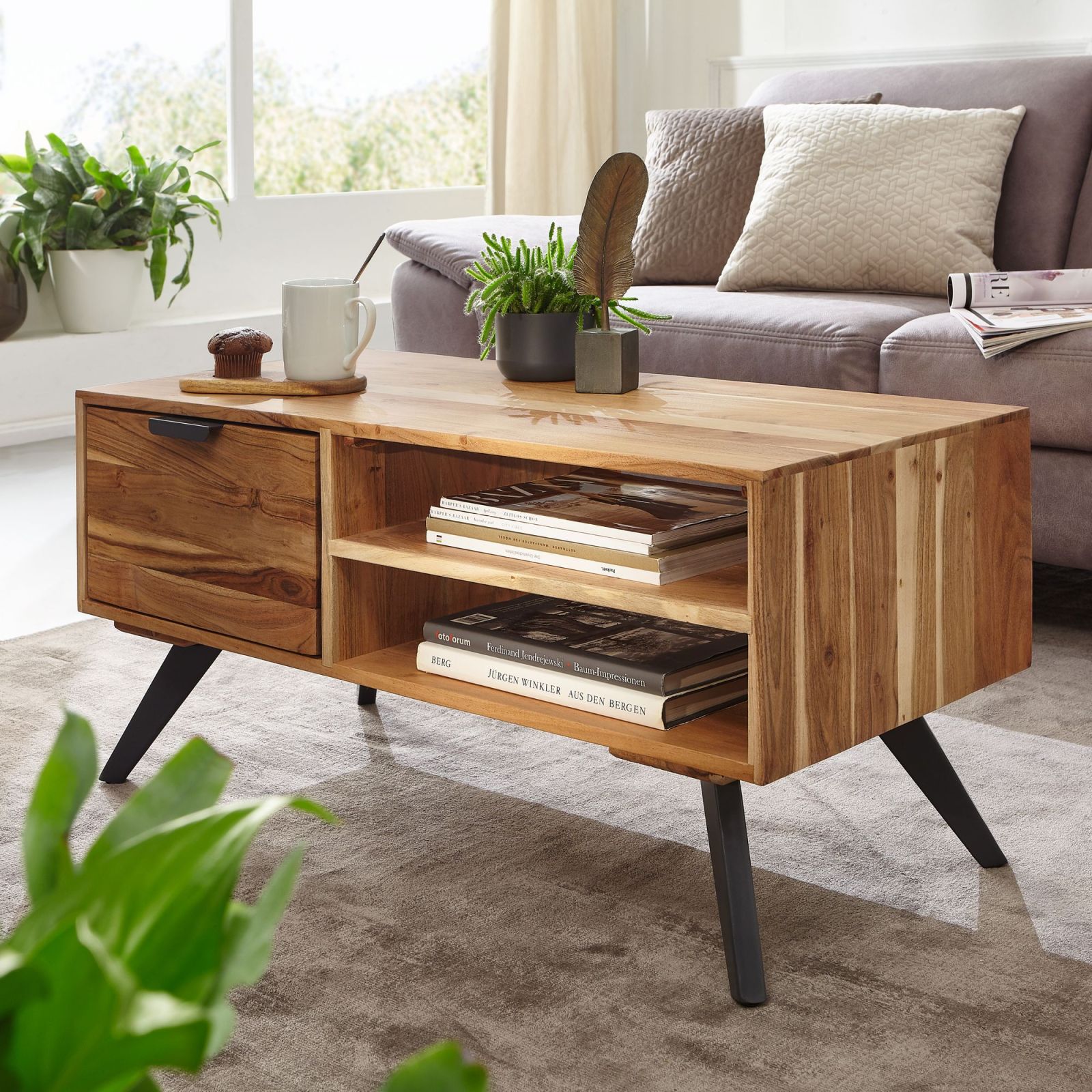 Couchtisch - Akazie massiv - mit Schublade - 95 cm