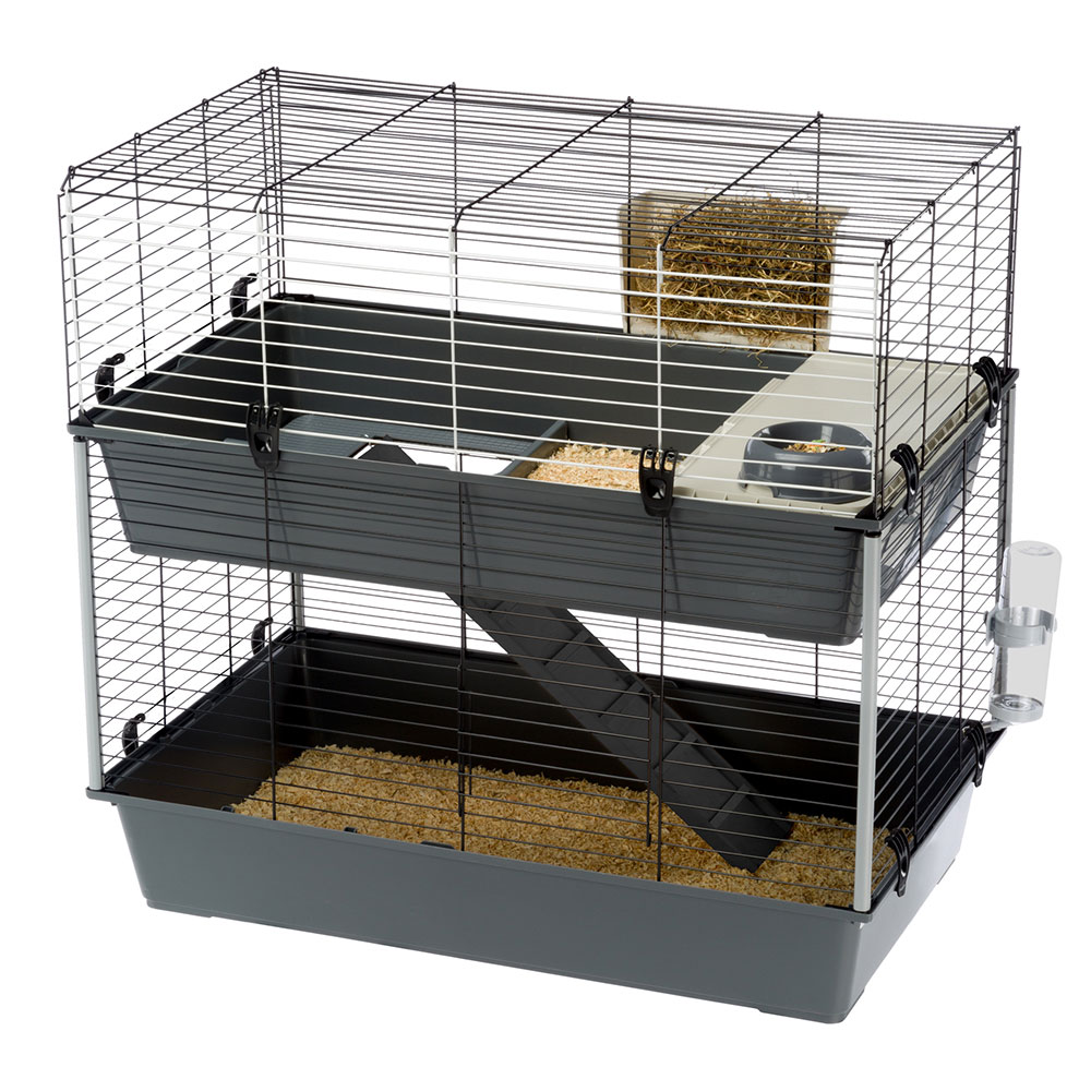 Ferplast cage à 2 étages pour lapins rabbit 100 double, maisonnette pour petits animaux, clapier avec accessoires inclus, en métal
