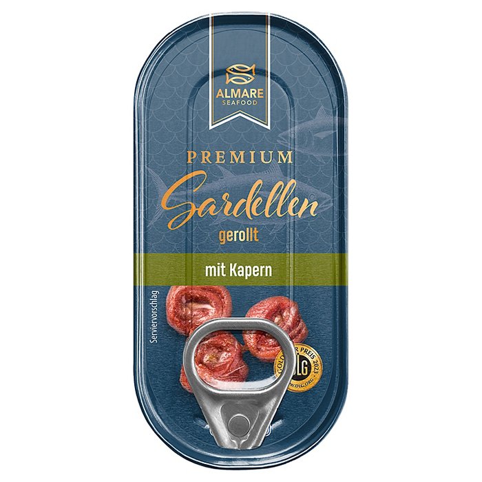 ALMARE SEAFOOD Sardellenfilets in der Dose 50 g, Gerollt mit Kapern
