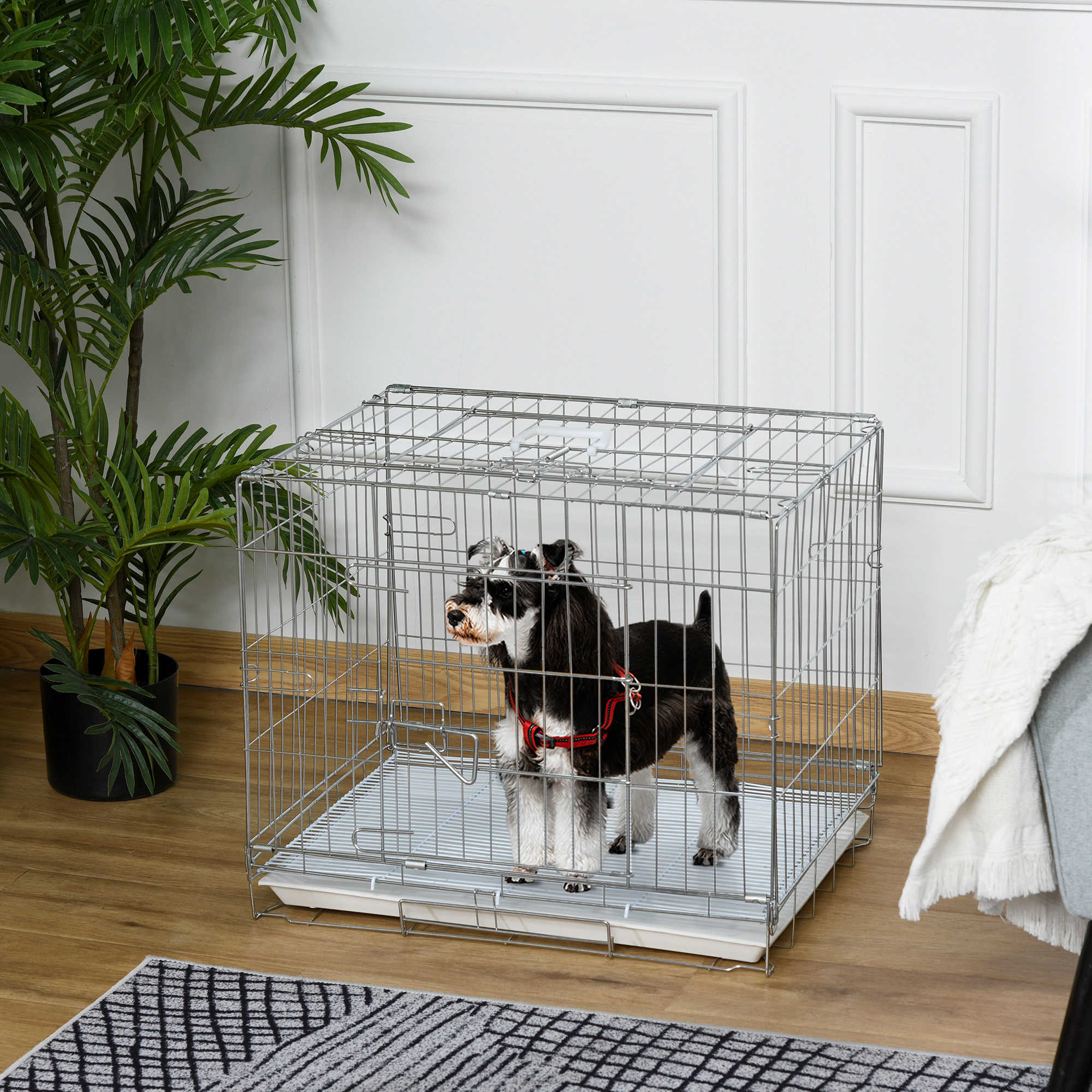 Gaiola dobrável para cães PawHut, canil de metal 61x43x50 cm, com bandeja removível e 2 portas com trava, branca.