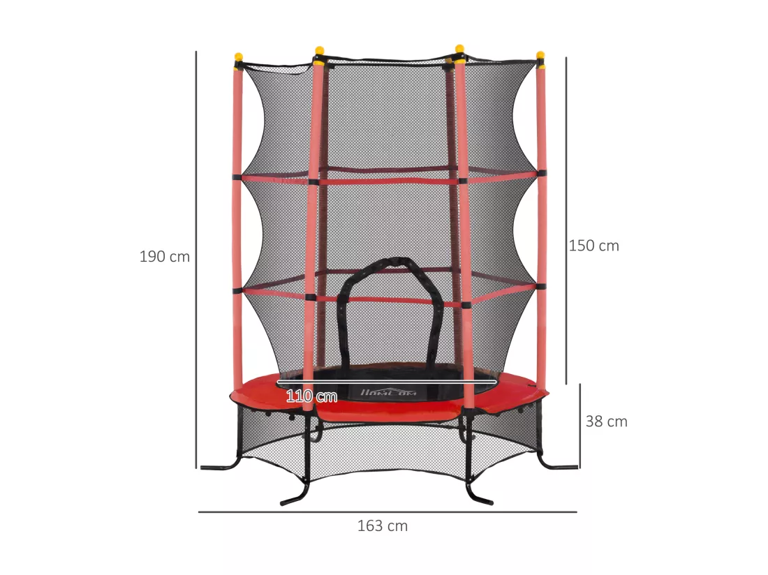 Trampoline de jardin enfants Ø 1,63 x 1,90H m filet de sécurité porte zipée couvre-ressorts + 6 poteaux rembourrés inclus rouge