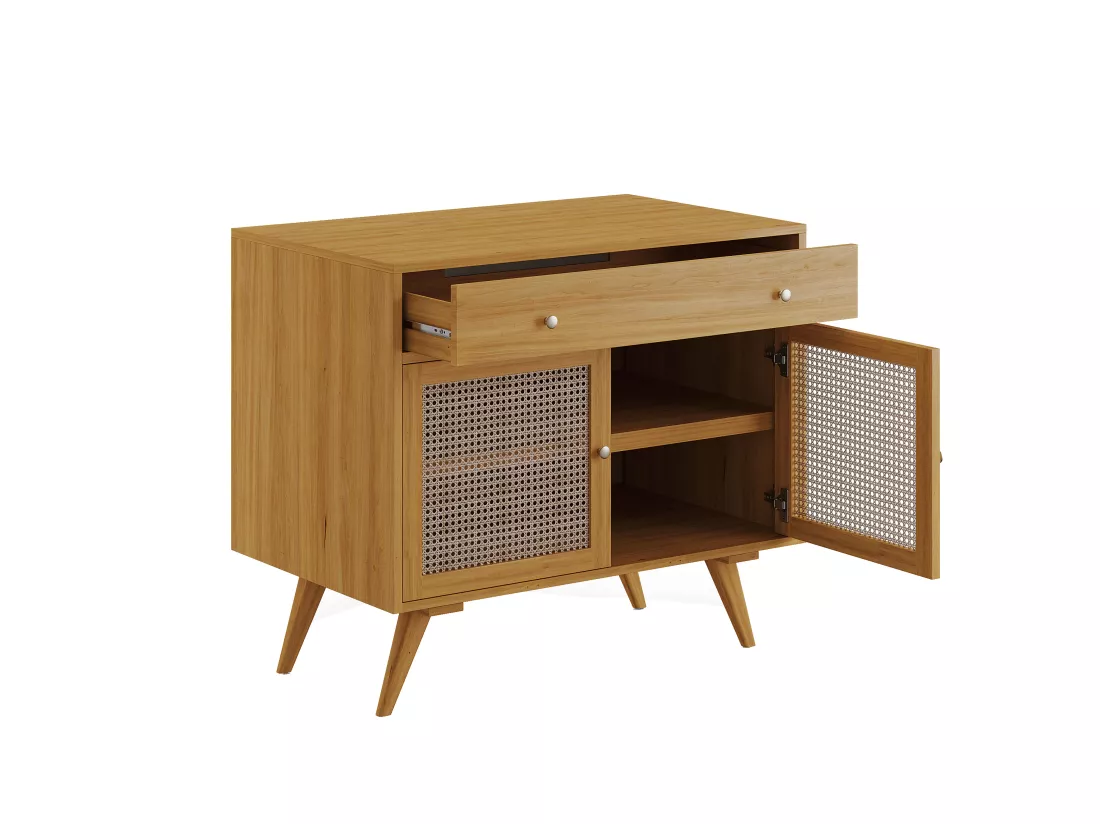 Meuble sous vasque en teck clair et cannage - 90 cm - MANSULAN
