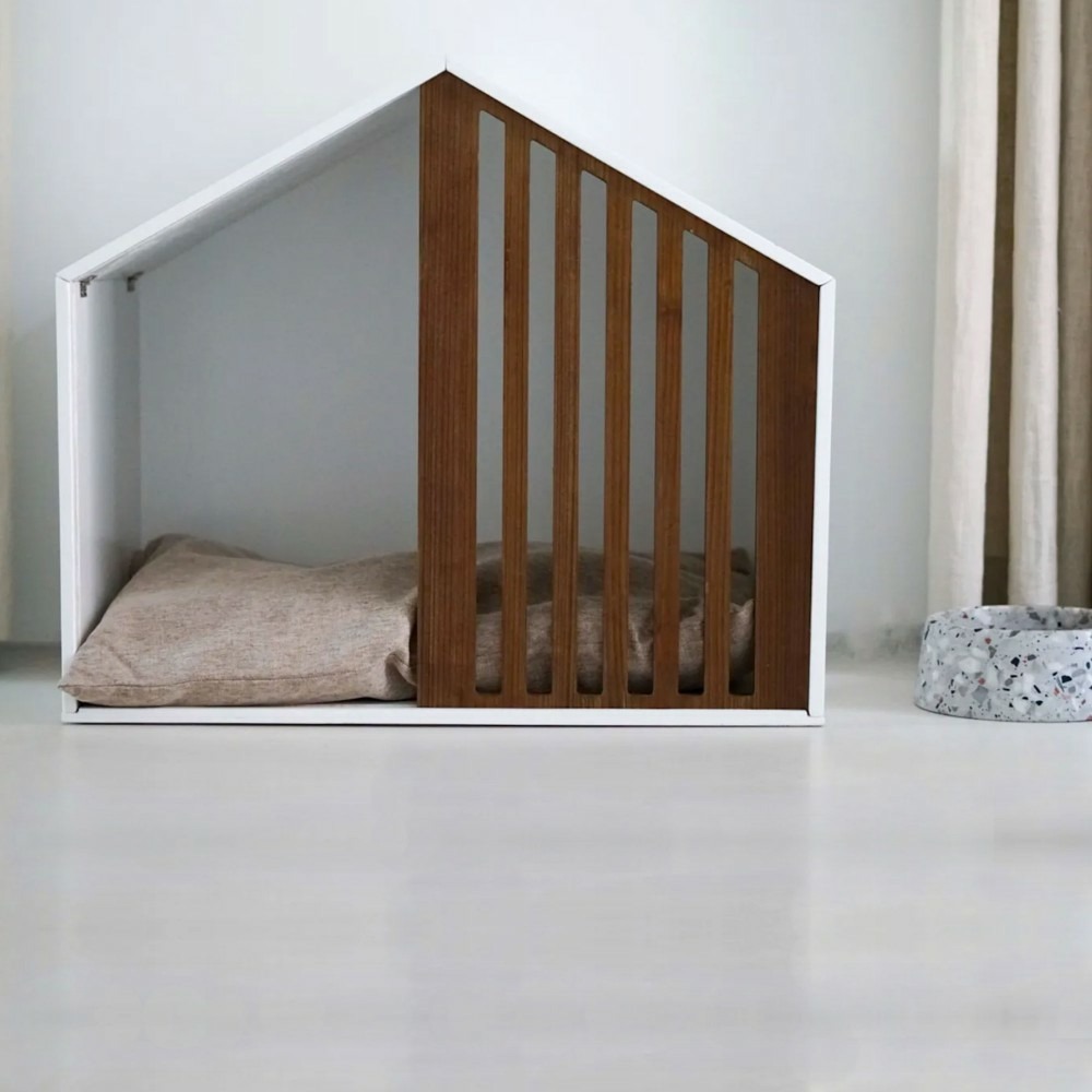 Castle - niche design petit chien / chat en bois blanc et coussin, 60x40x52,5cm