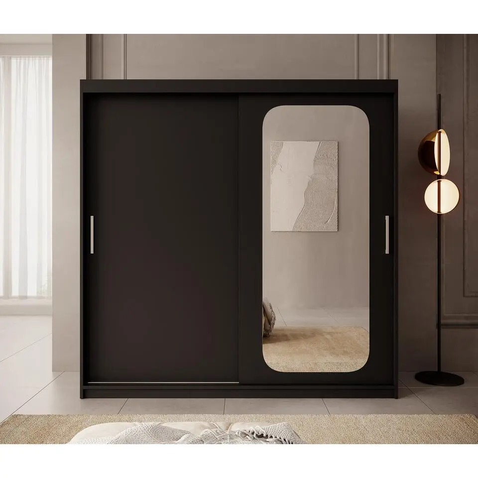 Meubella - Kledingkast Pete - Zwart - 200 cm - Met spiegel