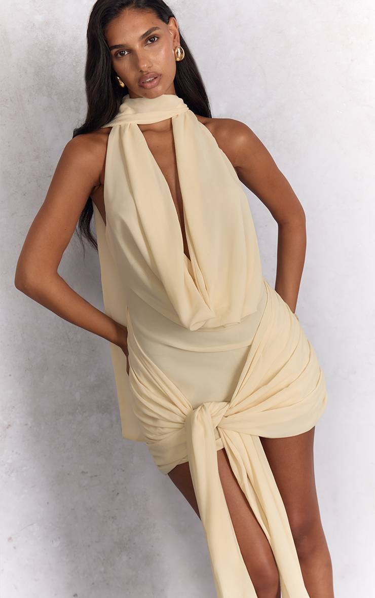 Crème Mini Robe Portefeuille Tissée À Col Licou