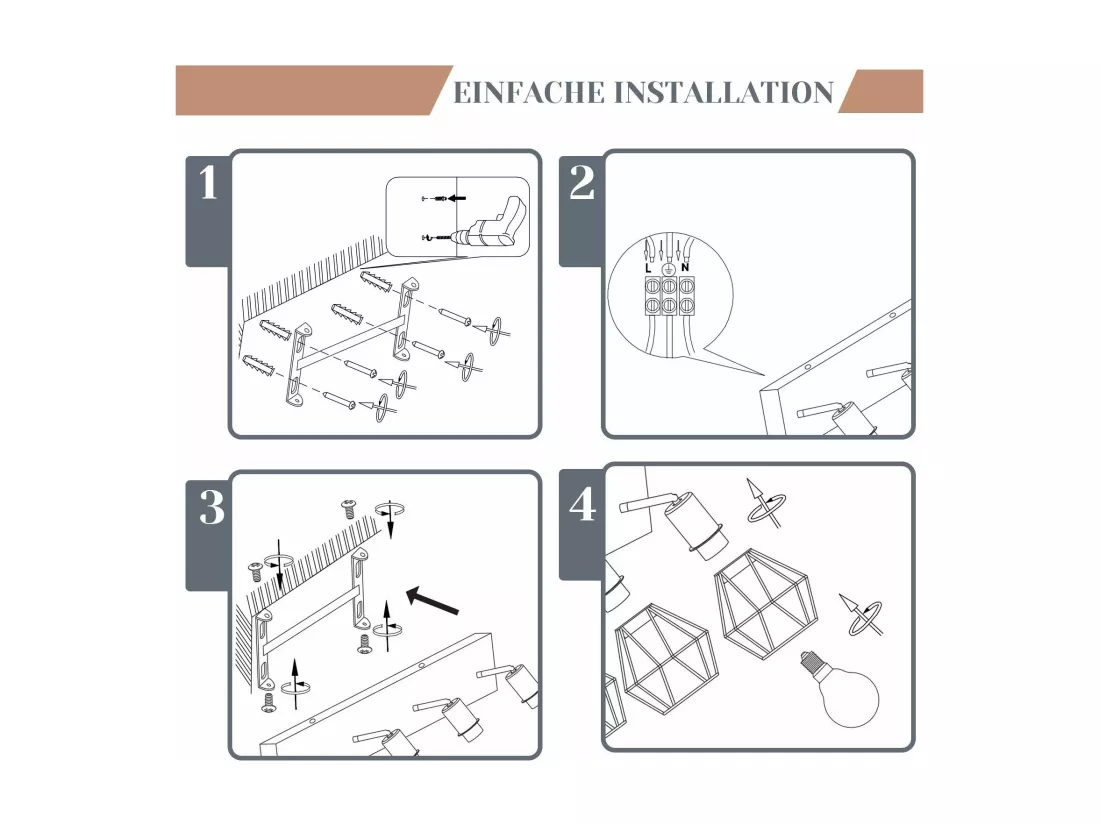 NETTLIFE 4 spots de plafond noir E14 bois vintage métal, plafonnier orientable à 350° pour intérieur chambre salon salle à manger cuisine max 25W