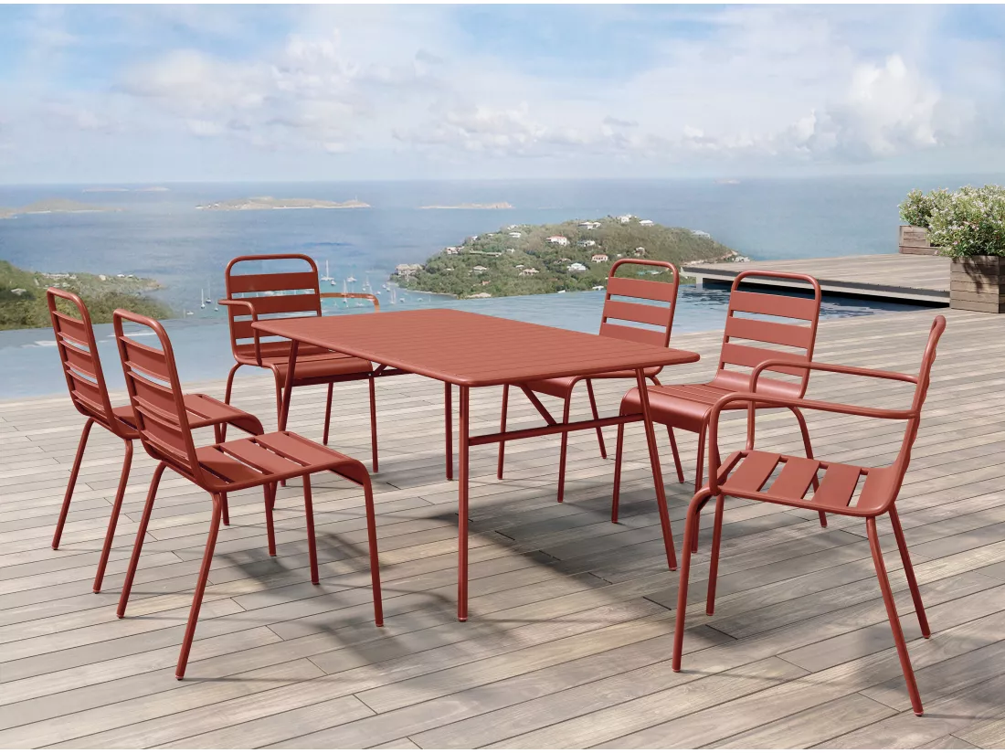 Salle à manger de jardin en métal - une table L.160 cm avec 2 fauteuils empilables et 4 chaises empilables - Terracotta - MIRMANDE de MYLIA