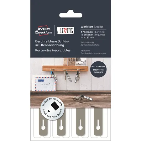 Avery Zweckform 62030 Beschreibbare Schlüssel-Kennzeichnung, Div. Formate, Anhänger 14 x 127 mm; Etikett 10 x 59 mm, 4 Stück/16 Etiketten, grau, weiß