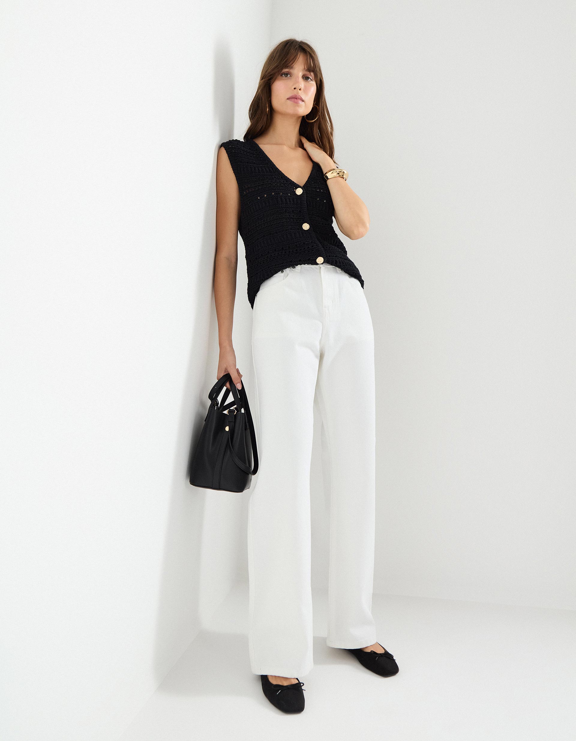 Calças de Ganga Wide Leg, Mulher, Branco