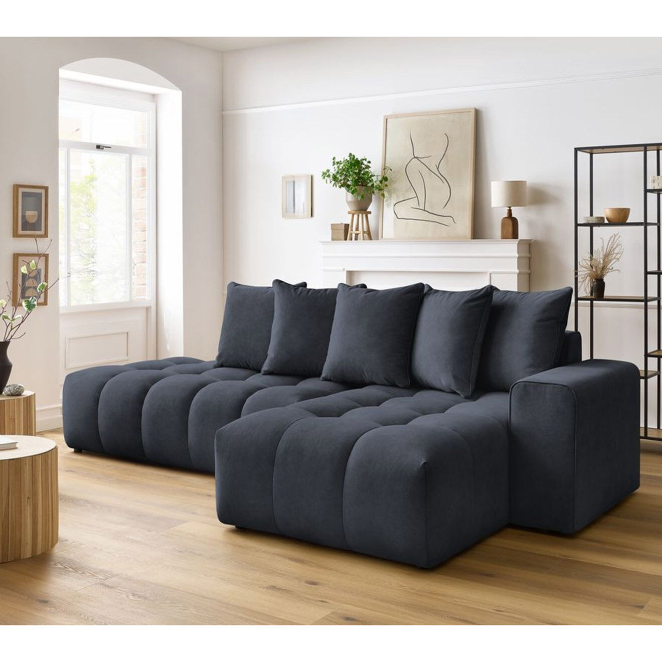 Bobochic Canapé d'angle fixe mont-blanc velours angle droit bleu foncé foncé foncé - 313x176x97 cm