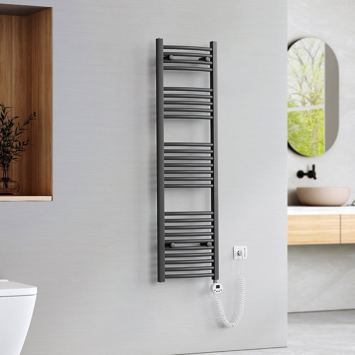 EMKE Elektrische Badkamerradiator, Gebogen, met Thermostaat, Handdoekwarmer met Verwarmingselement, Antraciet, 140x40cm, 479W