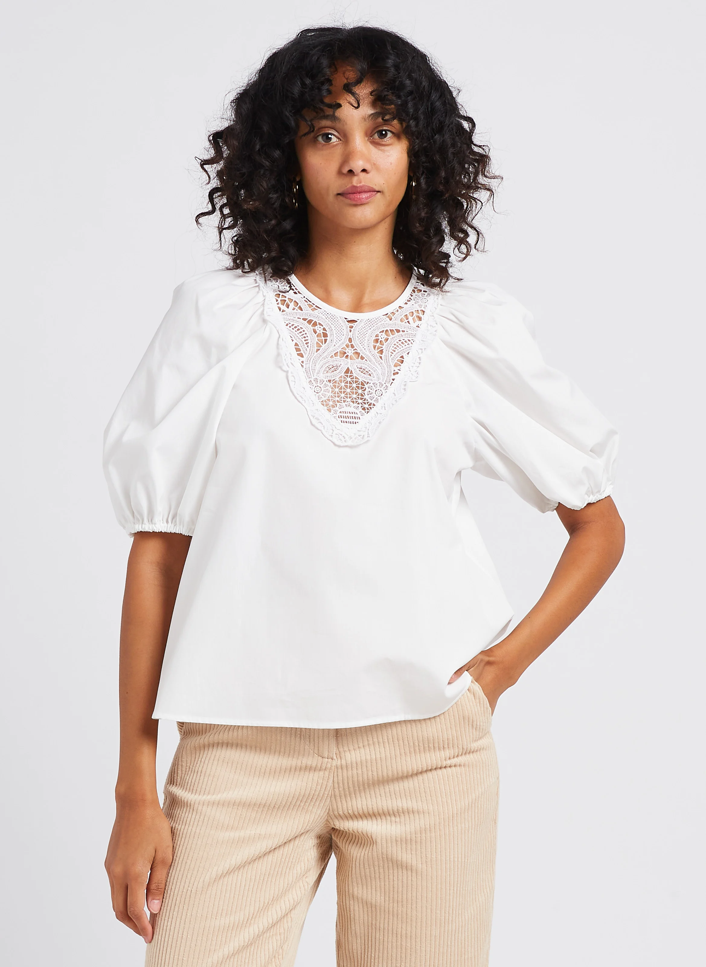 MANICO - Blouse col rond en popeline de coton | Blanc