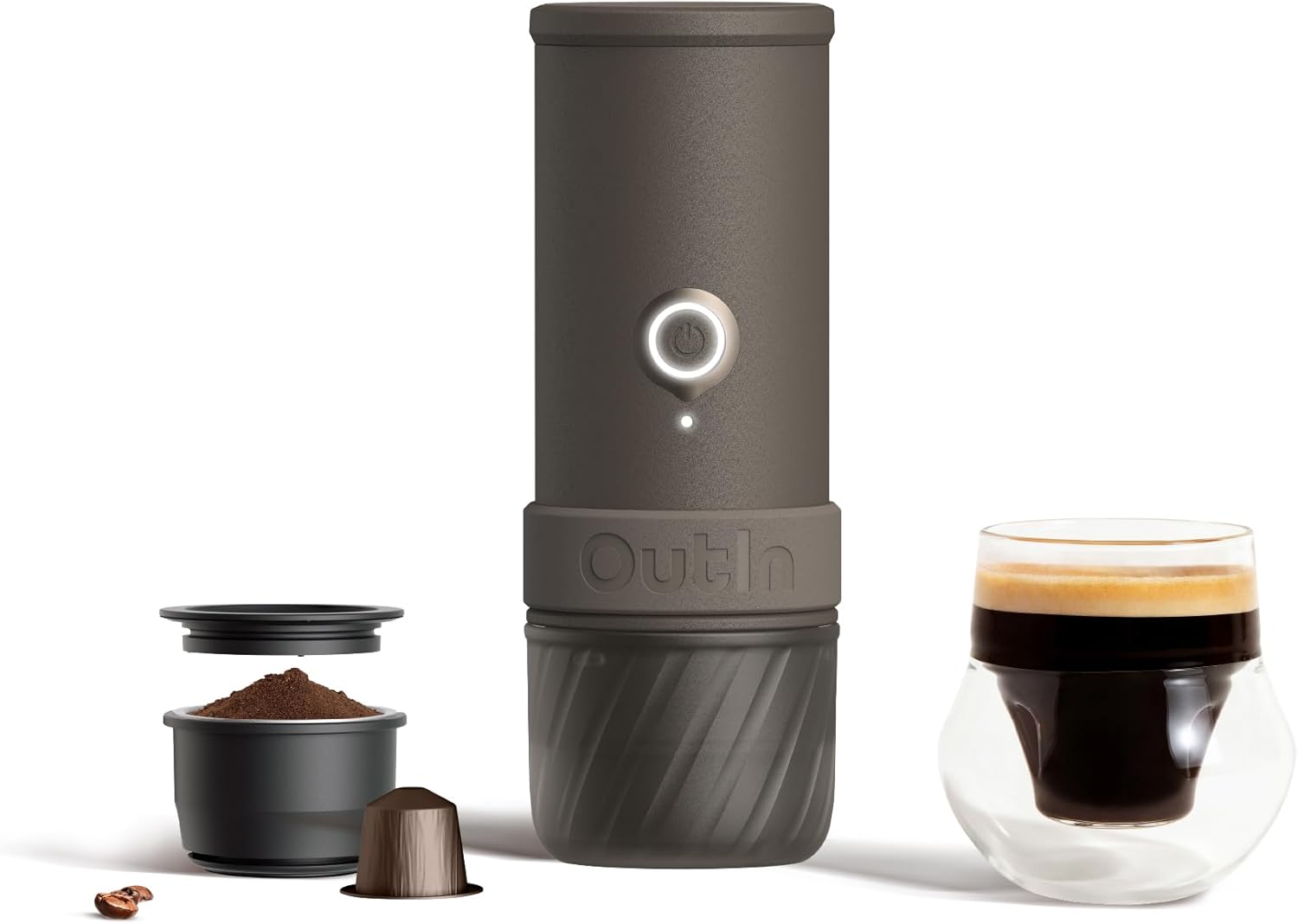 OutIn Mino Tragbare Elektrische Espressomaschine, Hochleistungsversion, Mini Camping Kaffeemaschine für Reisen, Taschenformat mit USB-C Selbstheizung für Abenteuer und Höhenlagen