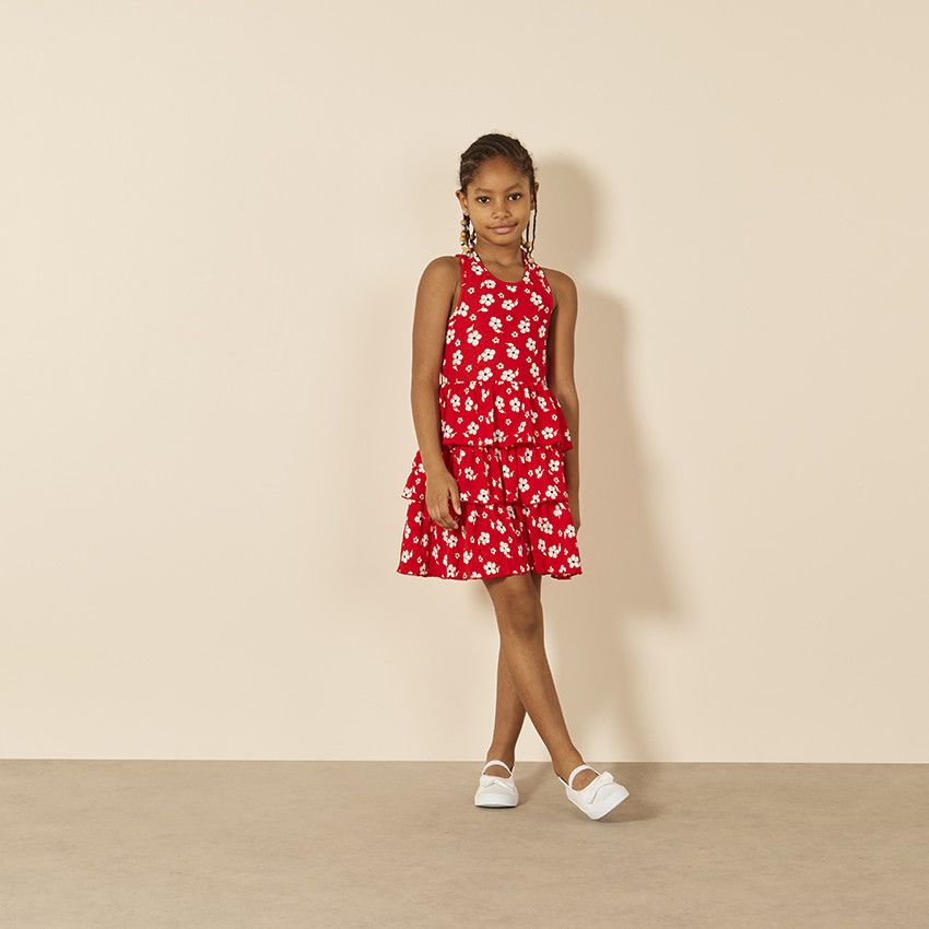 Robe sans manches imprimée et volantée à dos croisé pour fille - Rouge