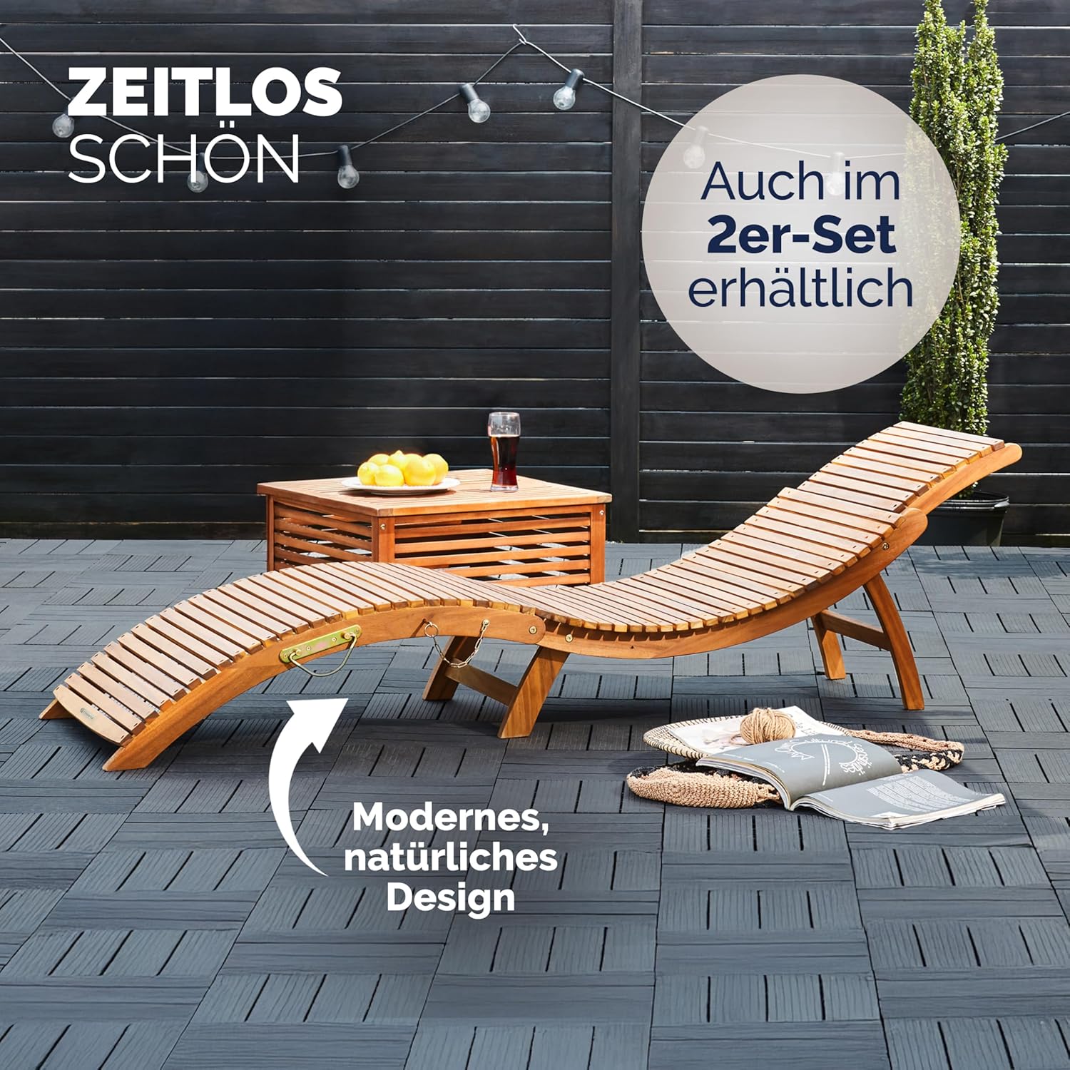 Casaria® Sonnenliege Klappbar Holz FSC®-Zertifiziert 320kg Belastbarkeit 190x60cm Tragegriff Kofferfunktion Garten Balkon Terrasse Gartenliege Klappliege Akazie