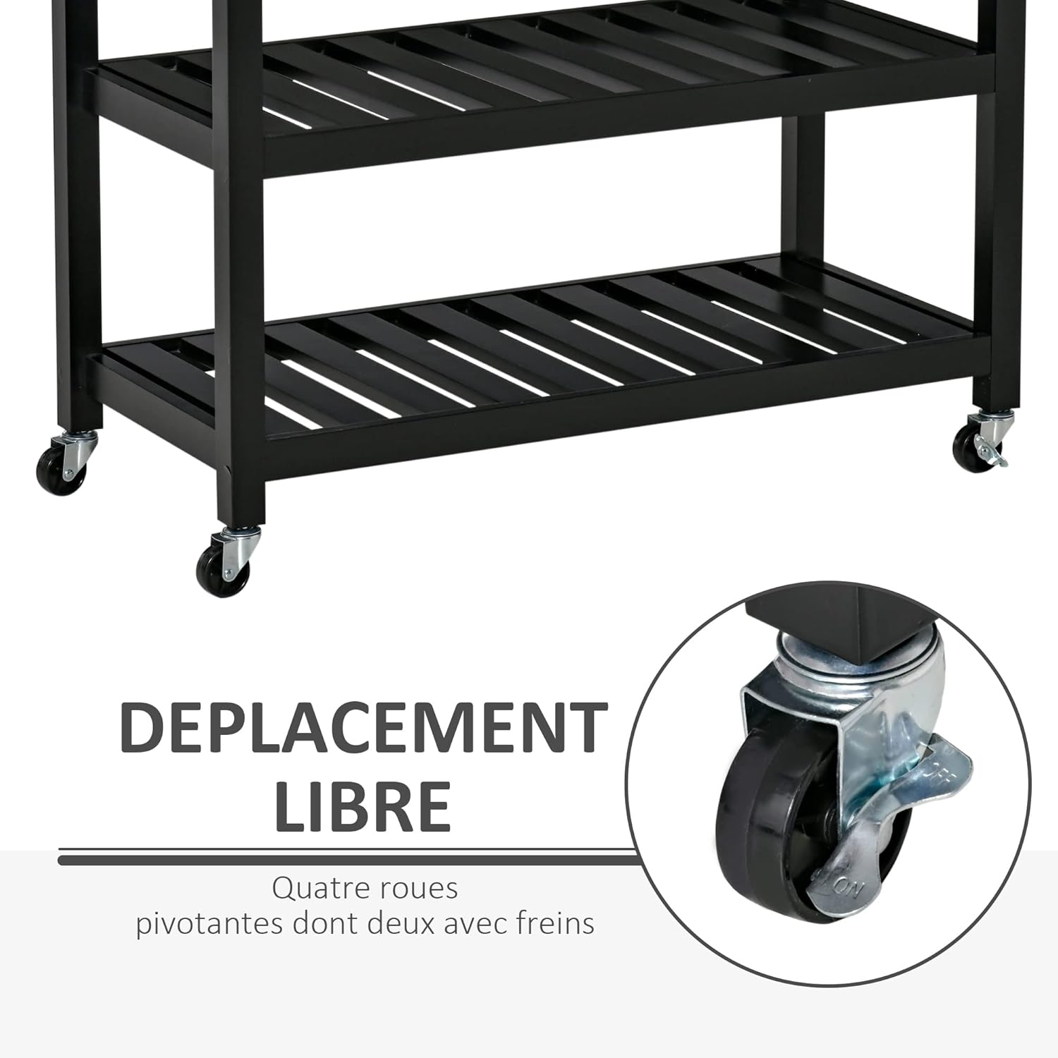 HOMCOM Chariot de Service desserte de Cuisine à roulettes 2 étagères 2 tiroirs Noir Bois Naturel LE0517023