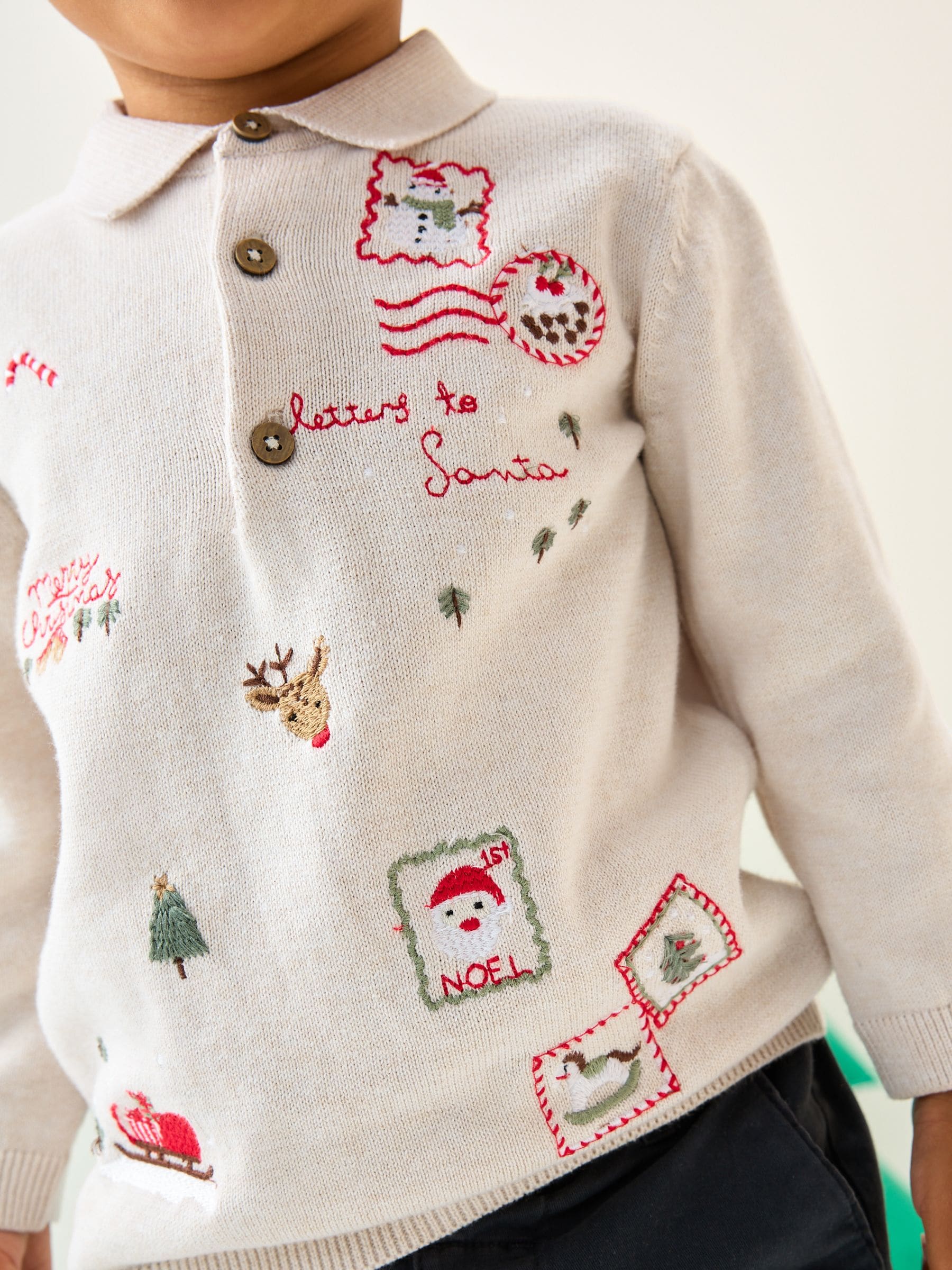 Crème - Gebreid Kerstmis Poloshirt met borduursel (3mnd -7jr)