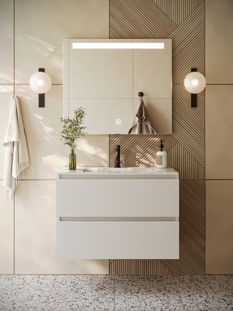 Fontana Rovigo badmeubel 80cm wit mat met witte wastafel met kraangat en spiegel met verlichting