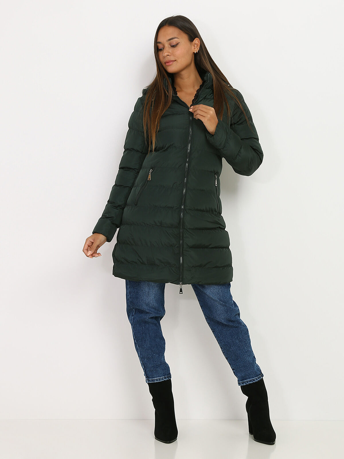Manteau mi-long matelassé à capuche- Vert foncé