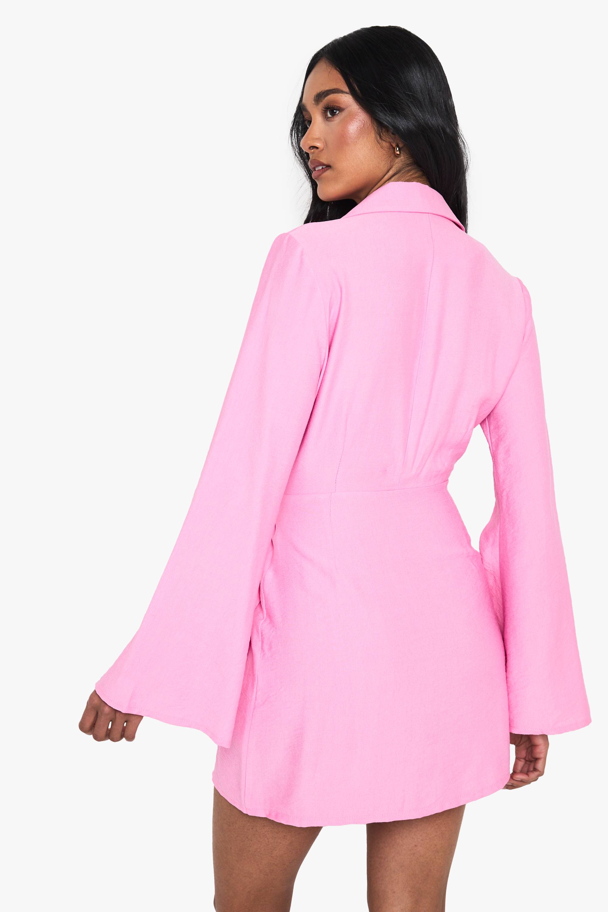 boohoo Linen Look Buckle Detail Tie Waist Tailored Blazer Dress