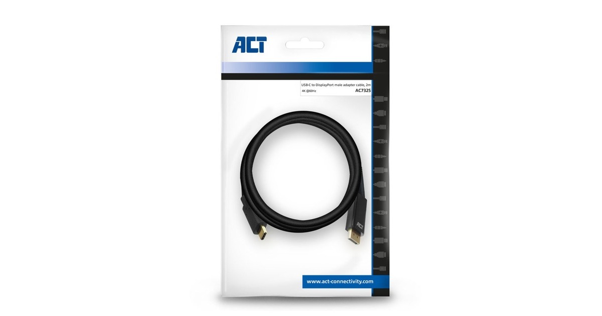 ACT ConnectivityUSB-C naar DisplayPort kabel  (Zwart, 2 meter, AC7325, 60Hz 4K (2160p))