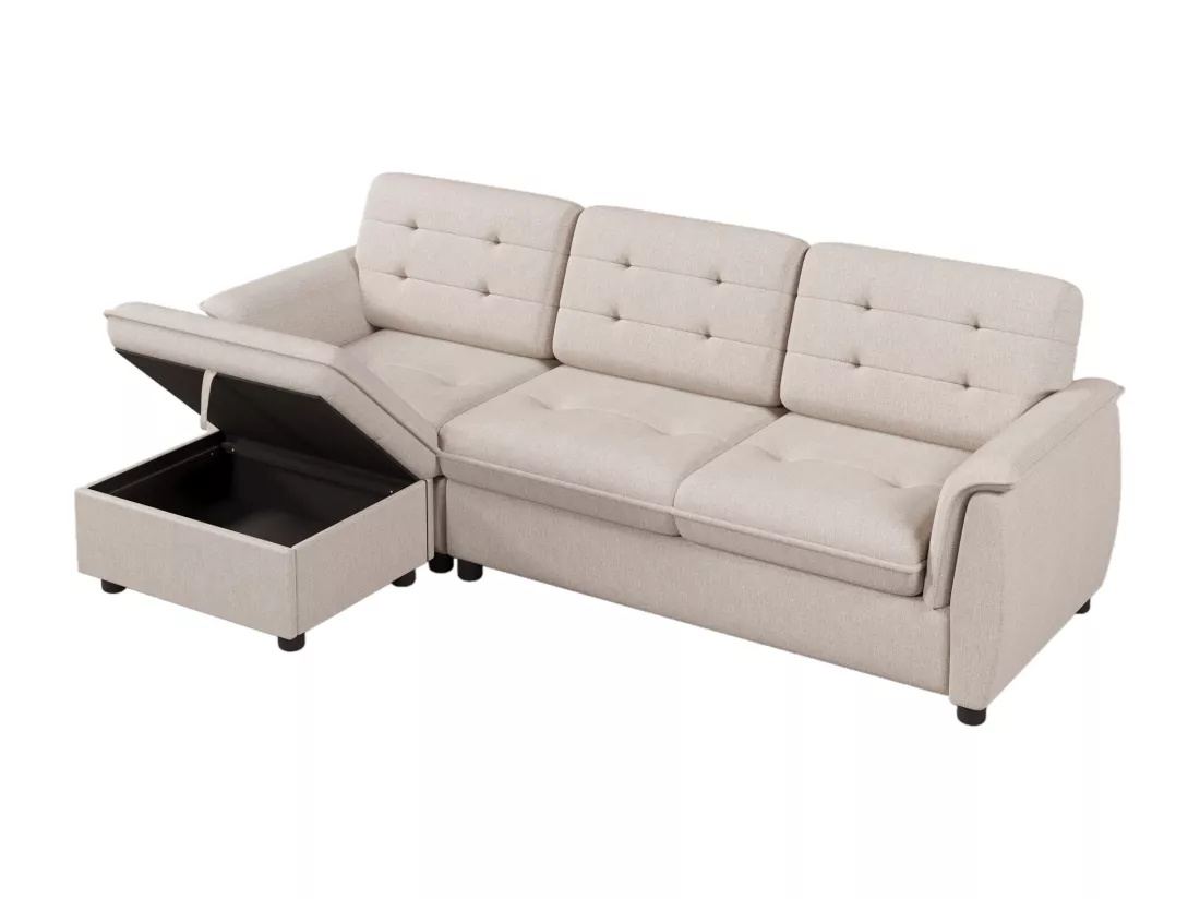 Canapé d'angle 3 places - tissu en lin - repose-pieds avec rangement - Beige