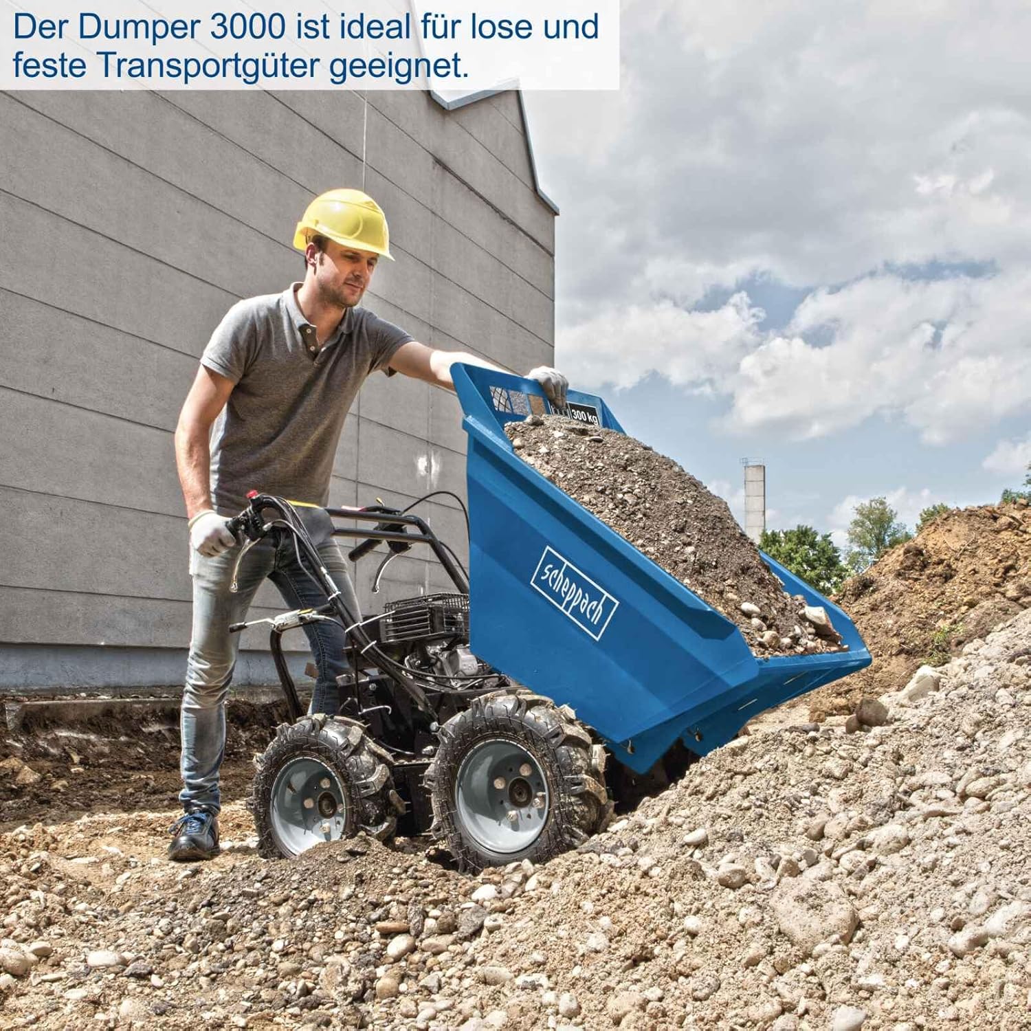 Scheppach Benzin Dumper DP3000 Motorschubkarre | 300kg Traglast | 5,6 PS | 3-Vorwärts-/1-Rückwärtsgang | Allradantrieb | Muldenkipper Mini Motor-Schubkarre Mini-Raupe