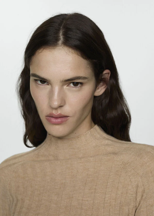 MANGO High collar ribbed knit sweater Lt pastel grey