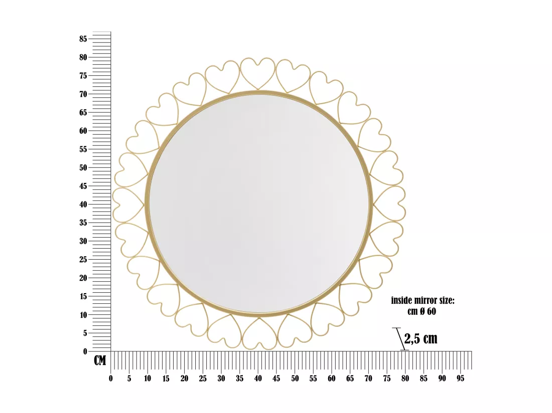Miroir Mural Rond Hearts - Cadre Doré en Forme de Cœurs - Ø 80x2,5 cm