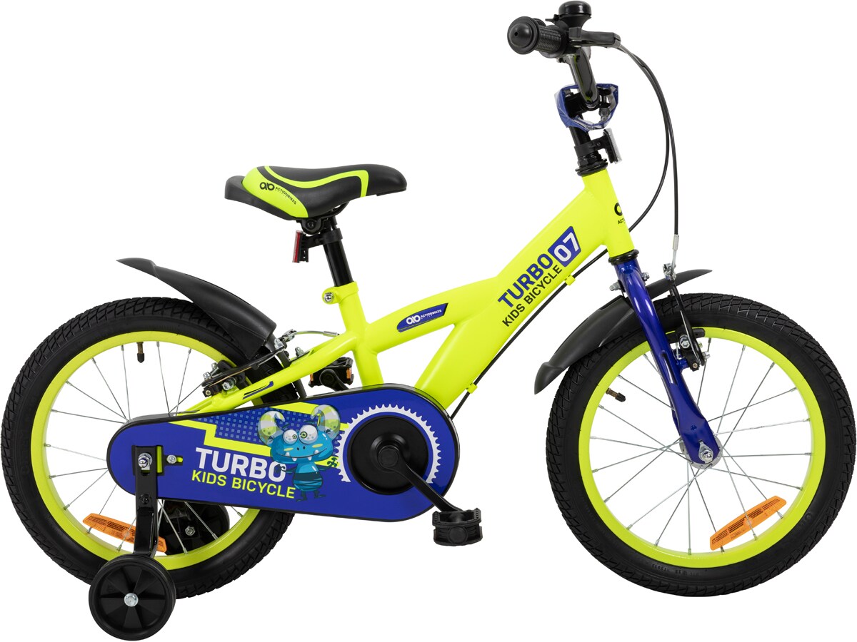 Actionbikes Kinderfahrrad Turbo 16 Zoll, Stützräder, V-Brake-Bremsen, Lenker-/Kettenschutz, Klingel