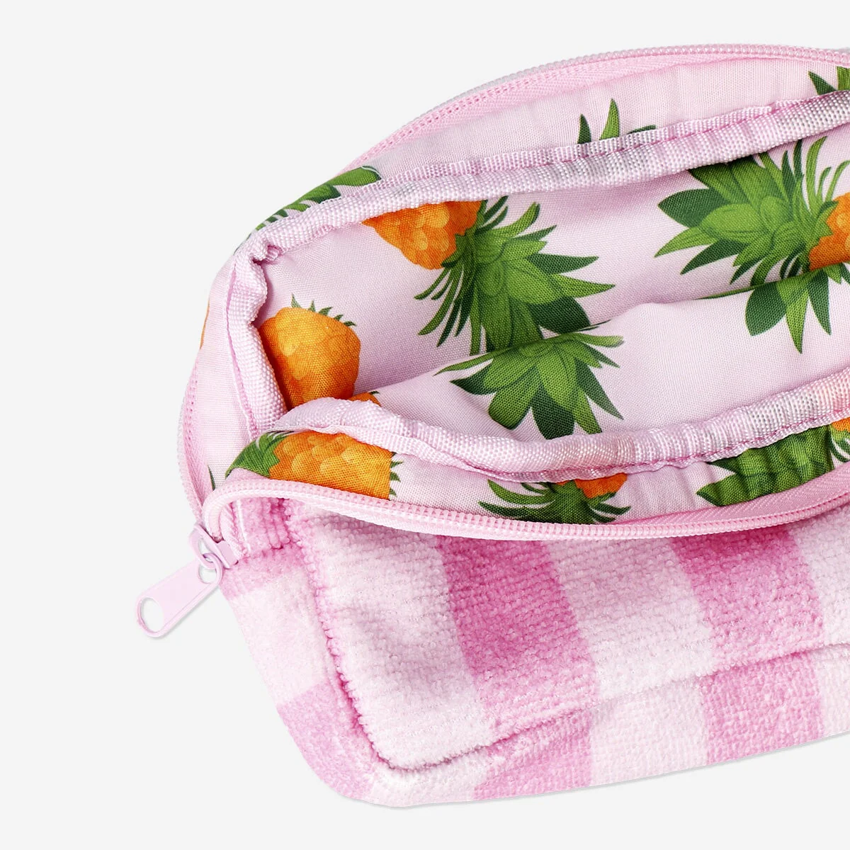 Pink kosmetiktaske med striber og ananasprint