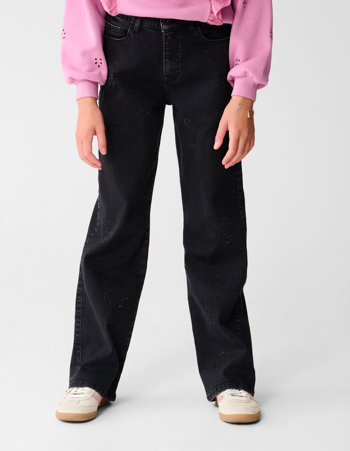 Shiny Heart Wide Leg Fit Jeans Zwart