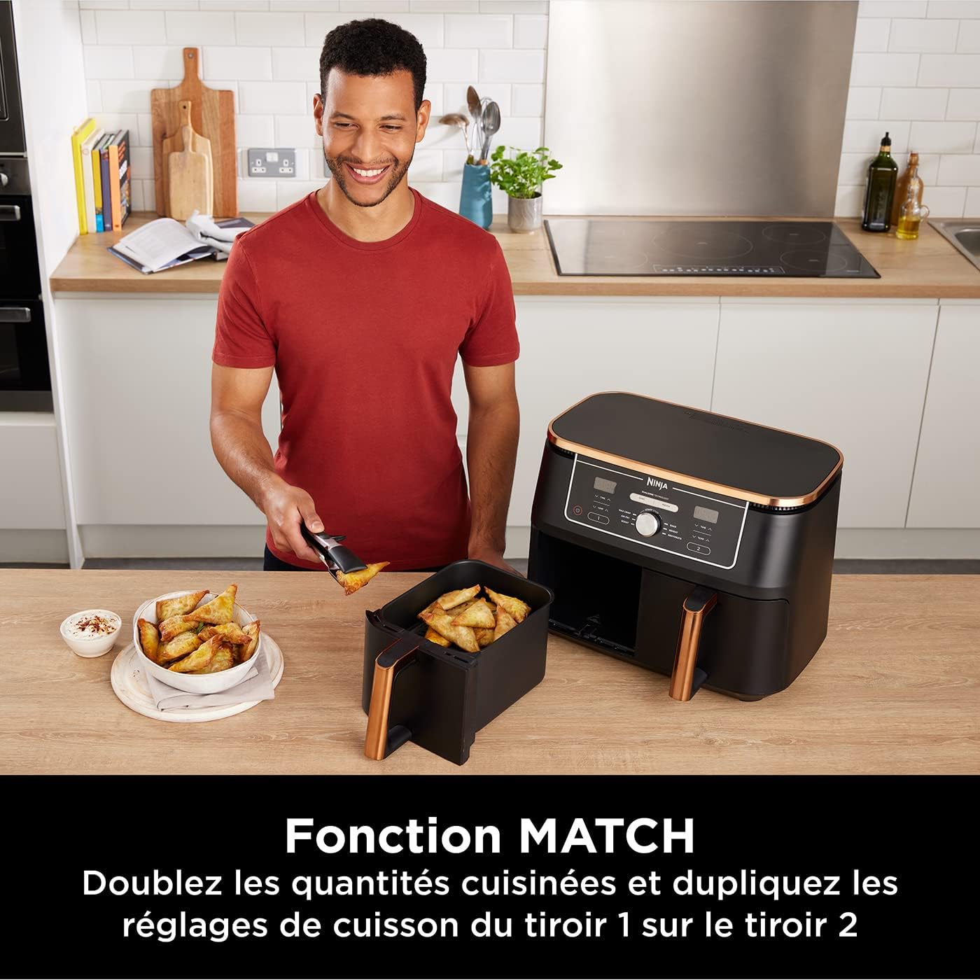 NINJA Foodi MAX Dual Zone Air Fryer, 2 Tiroirs, 9,5L, 6-en-1, Sans Huile, Air Fry, Max Crisp, Rôtir, Cuire, Paniers Antiadhésifs Lavables Au Lave-Vaisselle, Cuivre/Noir AF400EUCP
