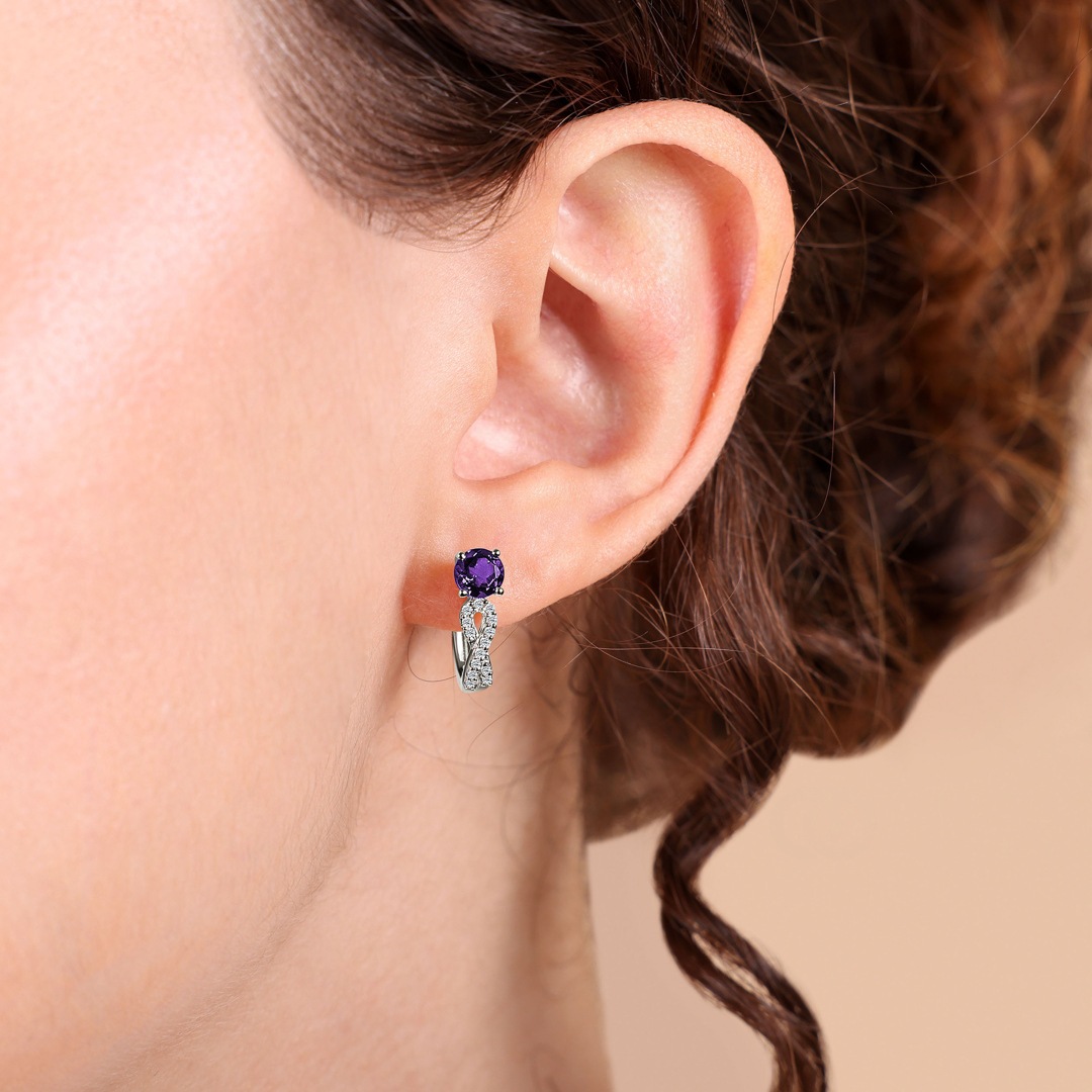 Kreolen 750/18 K Weissgold mit Amethyst rund und Diamanten 0.11 ct H/si