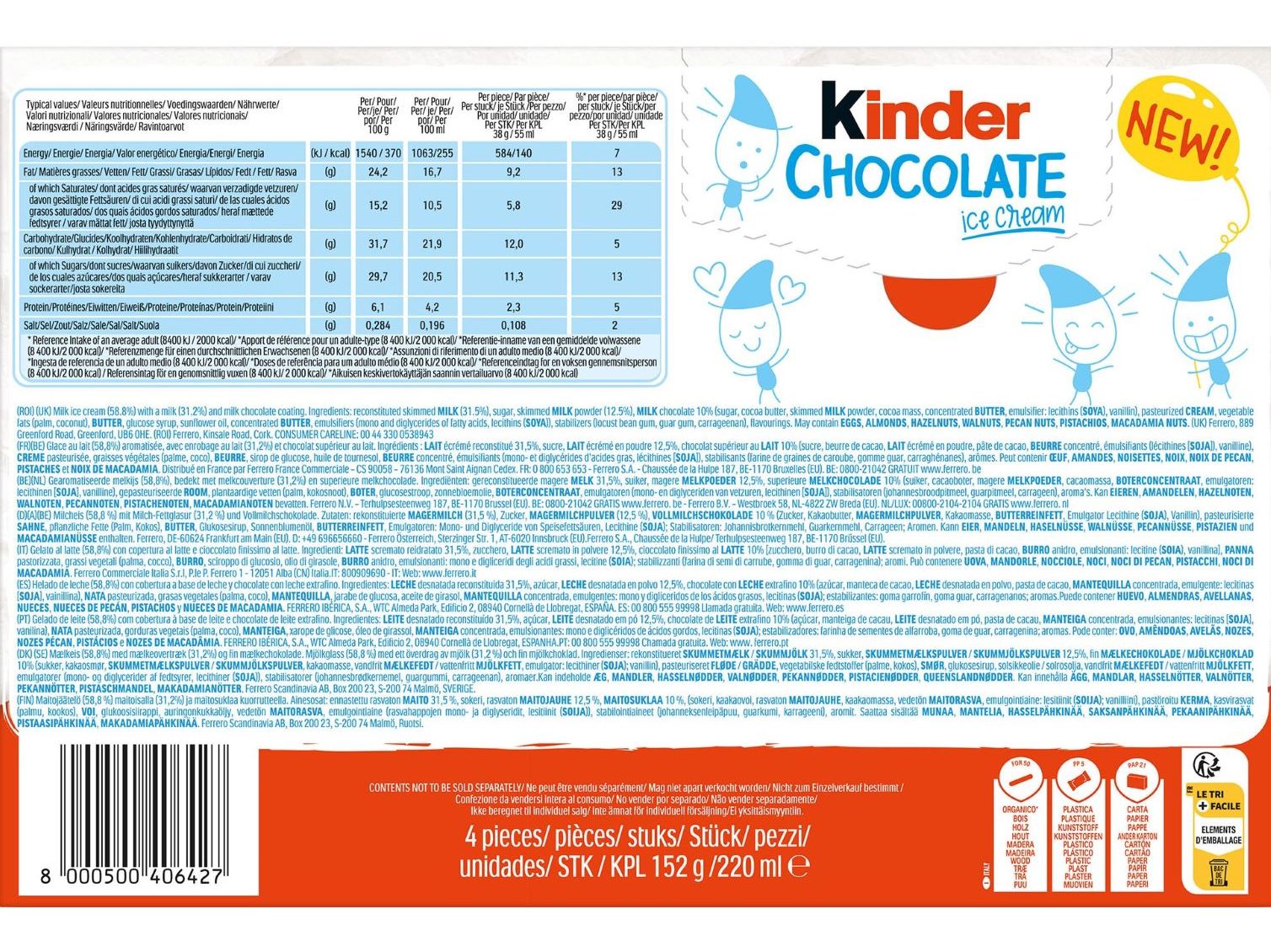 GELADO KINDER CHOCOLATE 4X55 ML