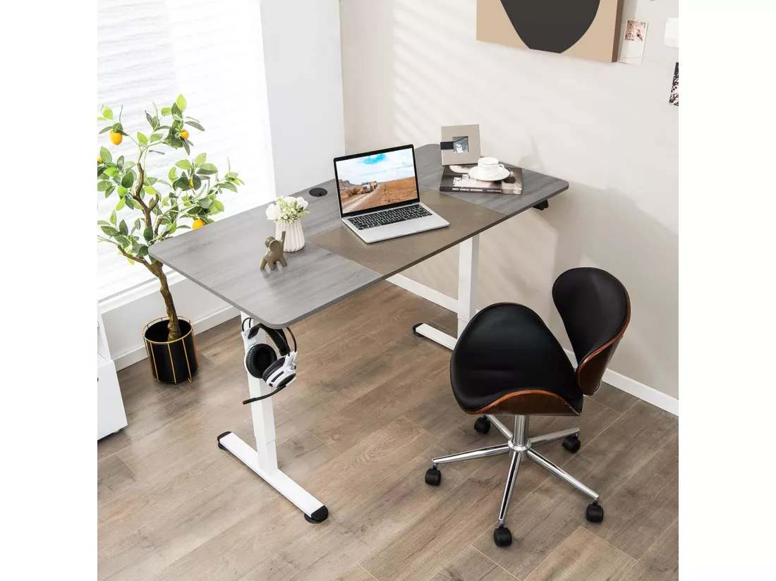 Bureau Assis Debout 70 x 140 cm, Bureau Électrique Réglable en Hauteur avec Mono-Moteur et Panneau à 2 Boutons, Table Réglable Hauteur, Support de Câble, Crochet (Gris Clair)