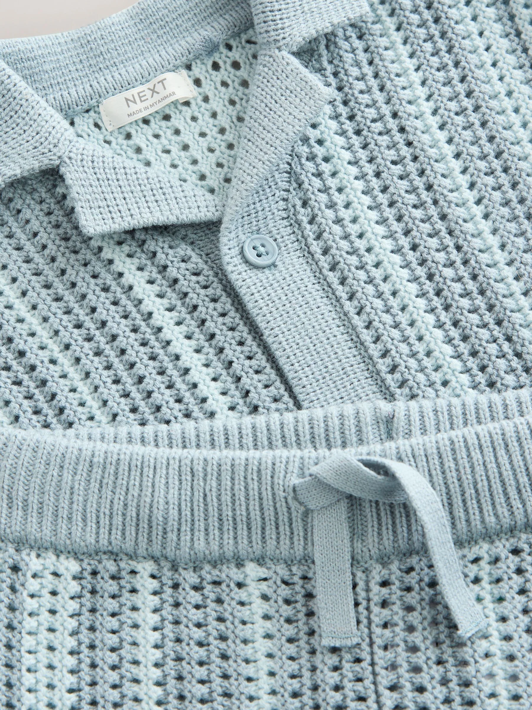 Blauw - Gehaakte gebreide set van overhemd met korte mouwen en shorts (3mnd -10jr)