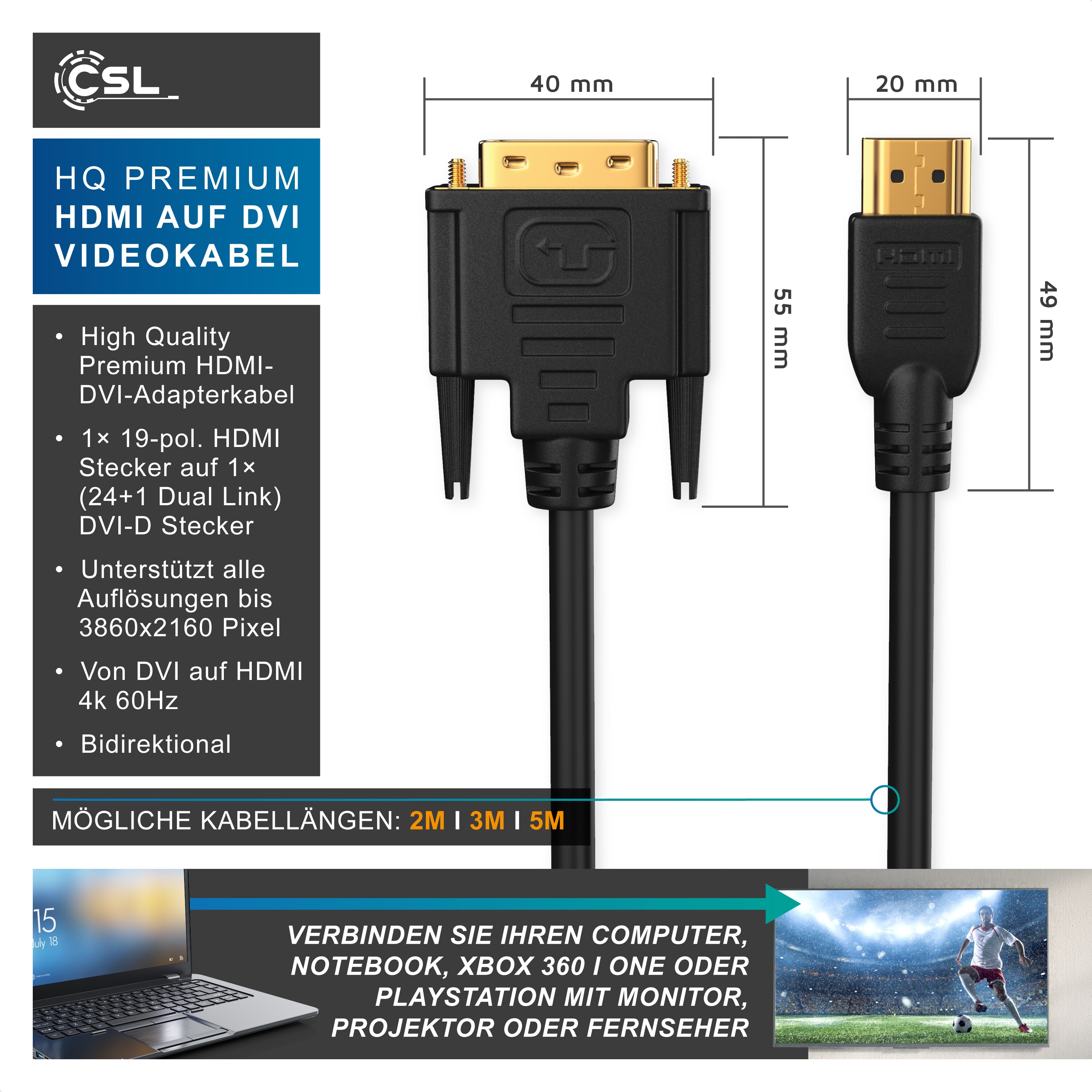 CSL DVI-D (DL) zu HDMI Typ A Video-Kabel, Full HD Dual Link HDTV Adapter / Konverter Kabel - 3m
