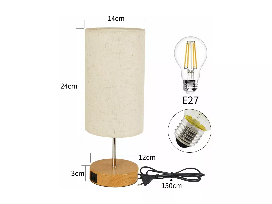 NETTLIFE Lampe de table tactile dimmable E27 lampe de chevet salon abat-jour en tissu moderne