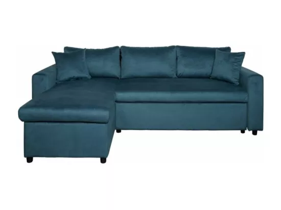 Canapé d'angle 3 places Maria réversible et convertible avec coffre en velours - Bleu - L227 x P146 x H81cm - Loungitude