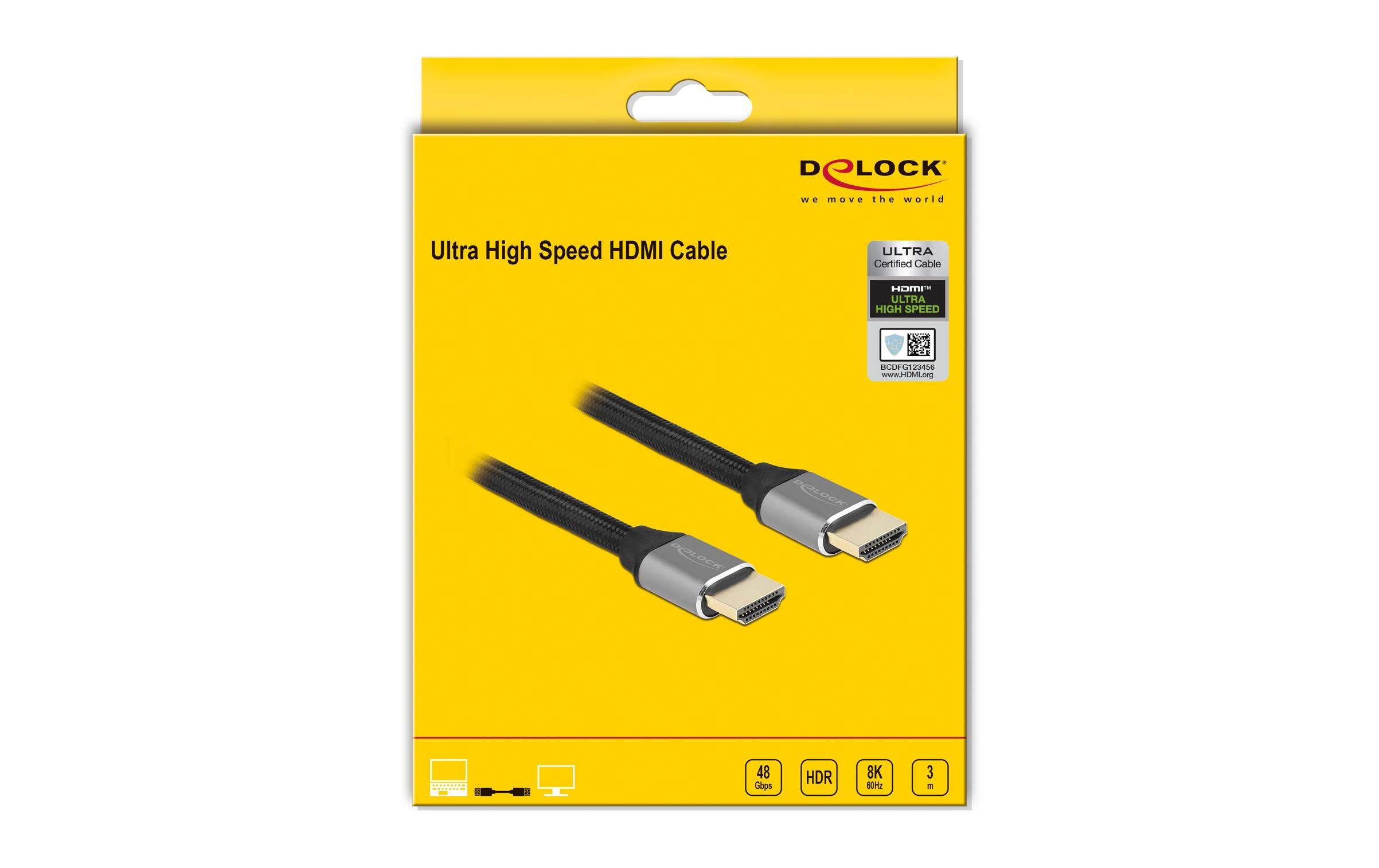 Kabel 8K 60Hz HDMI - HDMI, 3 m, GrauDelock Ultra High Speed HDMI Kabel 48 Gbps 8K 60 Hz grau 3 m zertifiziert